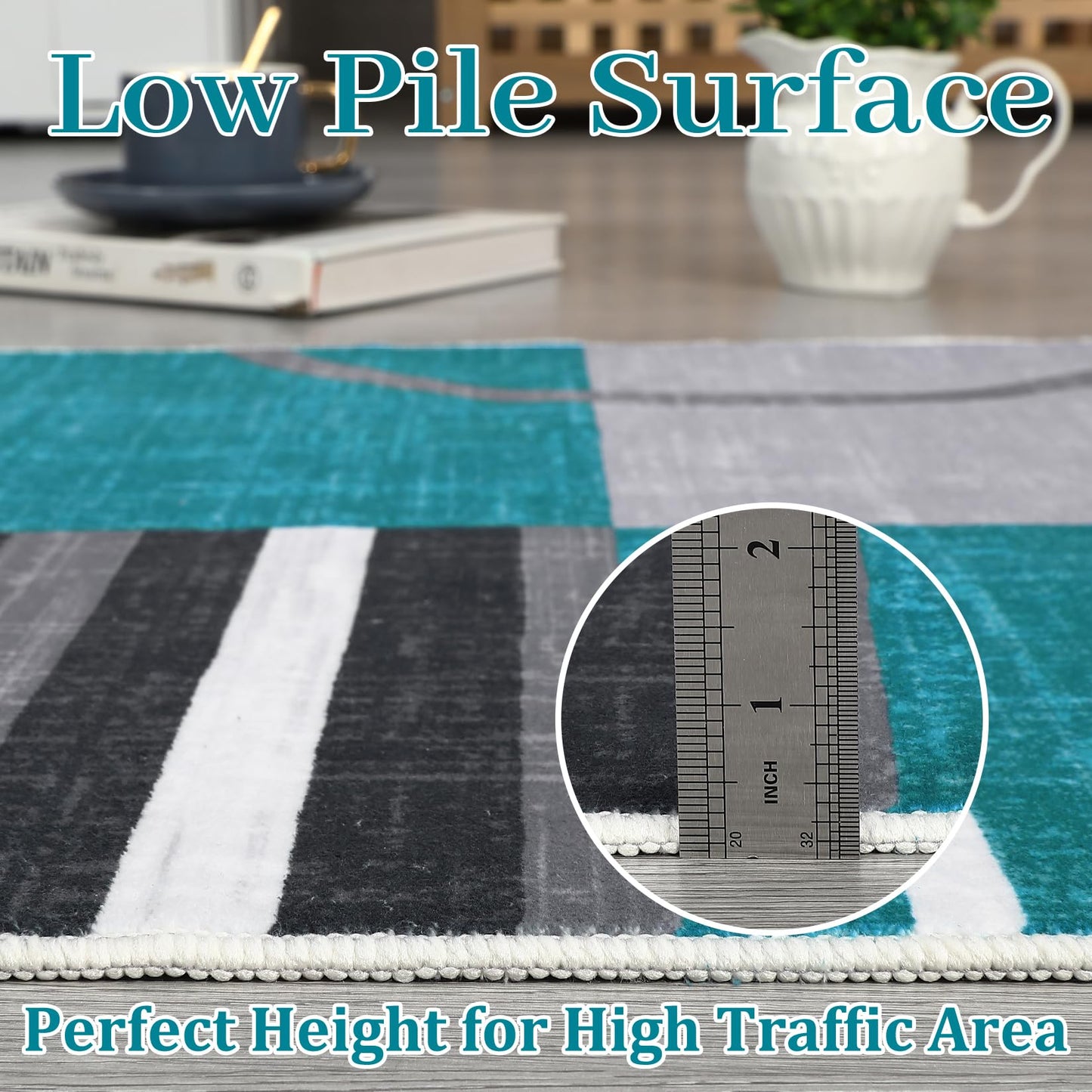 RUGSREAL Washable Area Rug 5x7 Abstract Circles Non Slip Floor Carpet Contemporary Soft Low Pile Accent for Indoor Living Dining Room, Turquoise