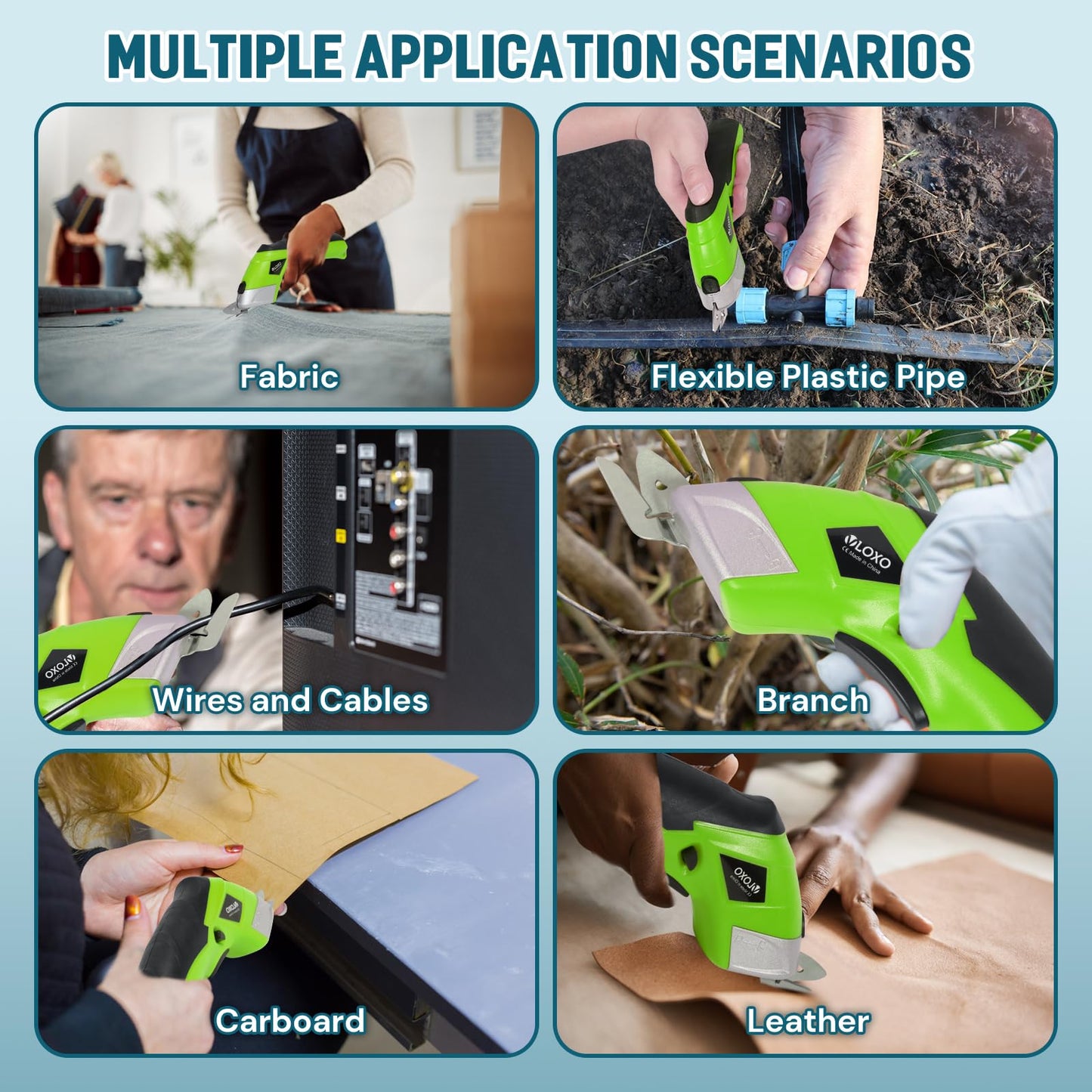 Cordless Electric Scissors, VLOXO Cardboard Cutter Electric Fabric Scissors with Replace Blade Rechargeable Powerful Fabric Cutter for Crafts Leather Carboard Carpet Plastic Felt with Case Green