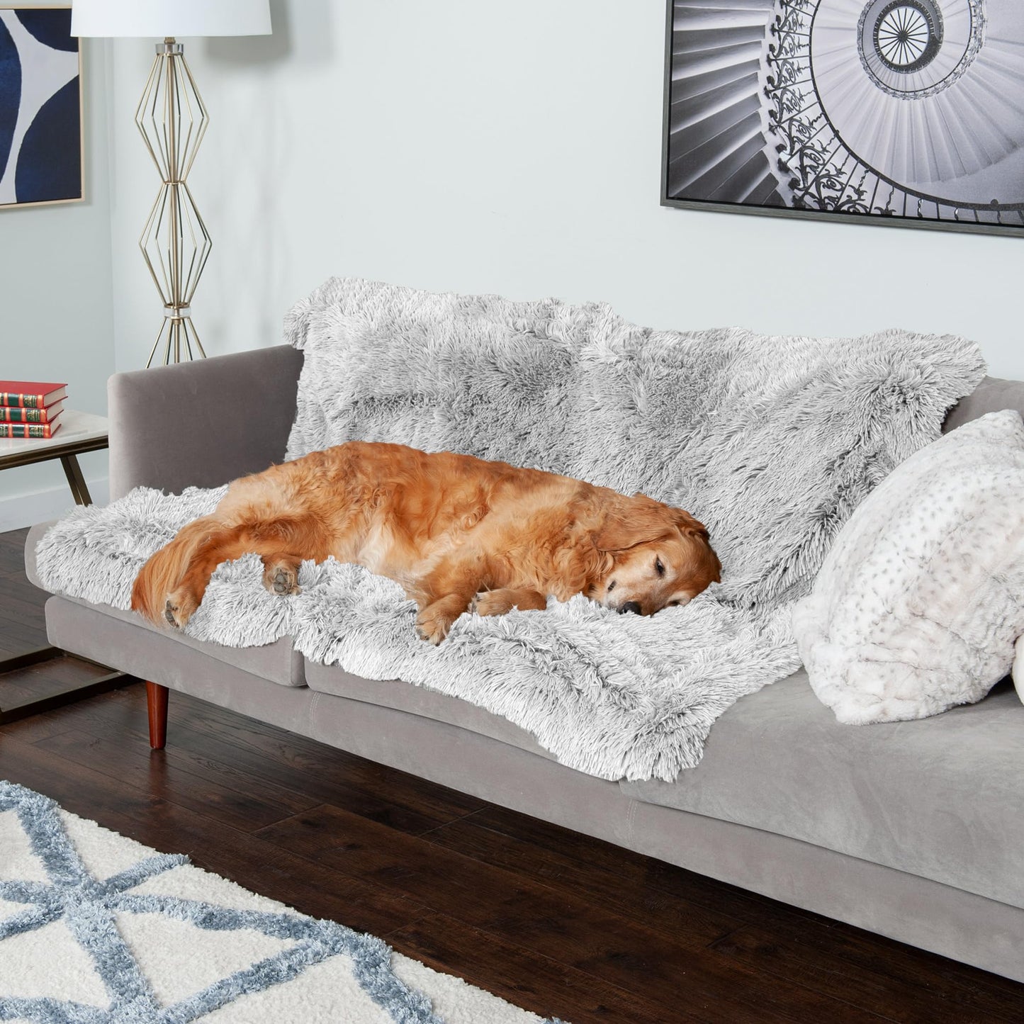 Furhaven XL Waterproof Calming Plush Long Faux Fur & Velvet Dog Blanket, Washable - Mist Gray, Extra Large