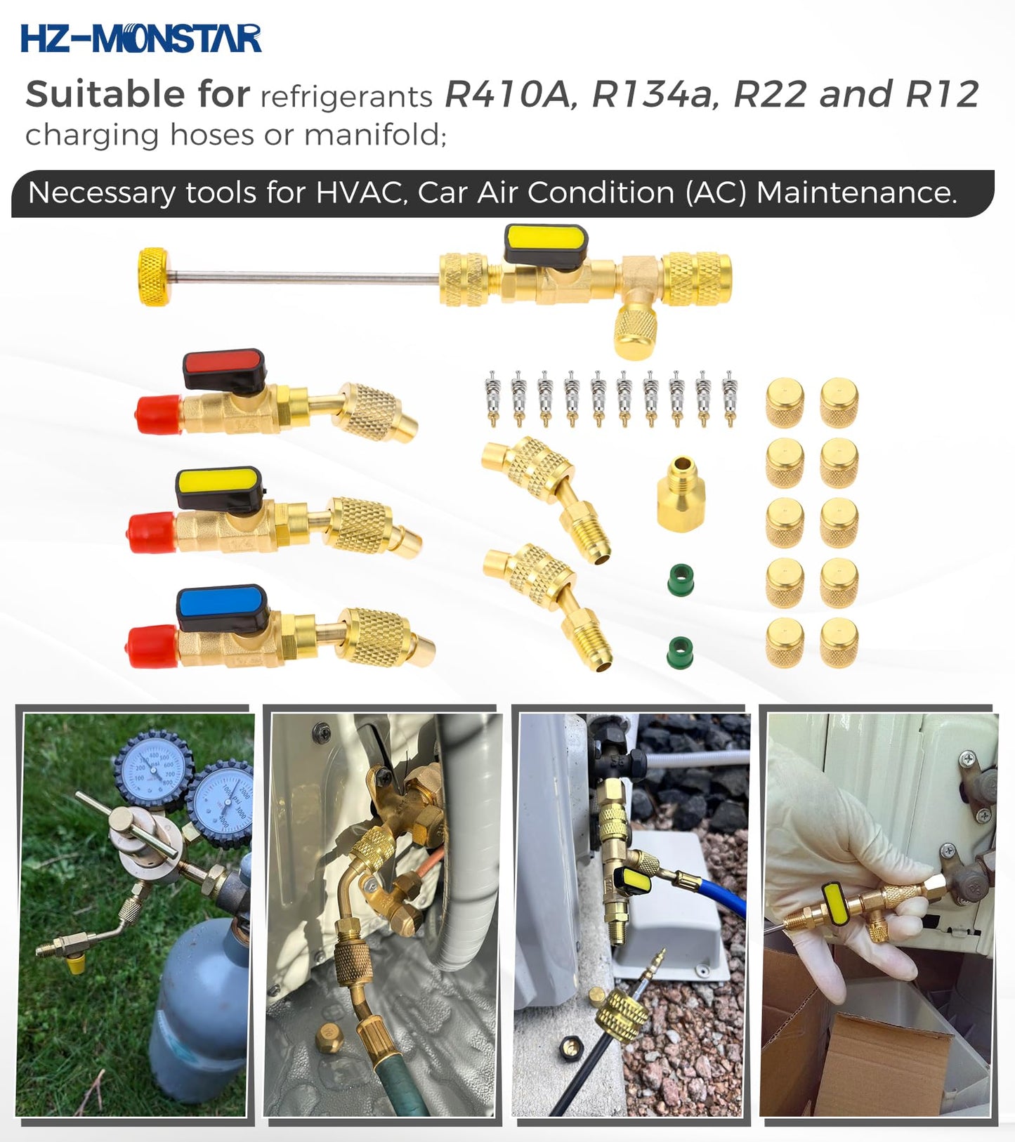 R410A R22 Valve Core Remover Installer Tool kit with Dual Size 1/4" & 5/16" Port, R410A R134A HVAC Angled Shut-Off Ball Valve Adapter 1/4" SAE for A/C R12 R22 R502 Charging Hose AC Refrigerant Tool