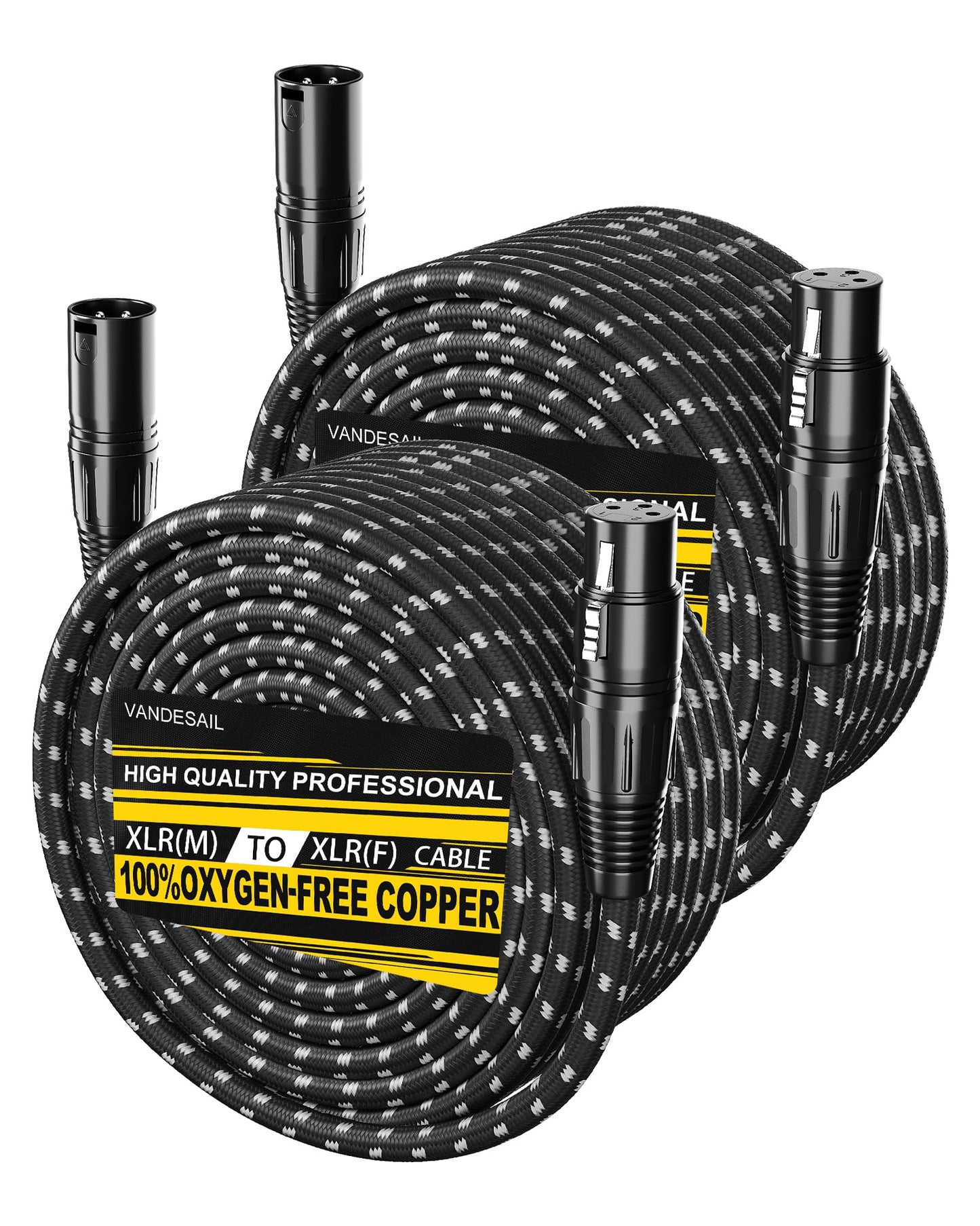 VANDESAIL Long XLR Cables 100ft 2 Pack, Nylon Braided XLR Extension Microphone Cable, OFC Shielded and Balanced XLR Male to Female Mic Cord for Preamp Recording Mixer Amplifie Speaker Black