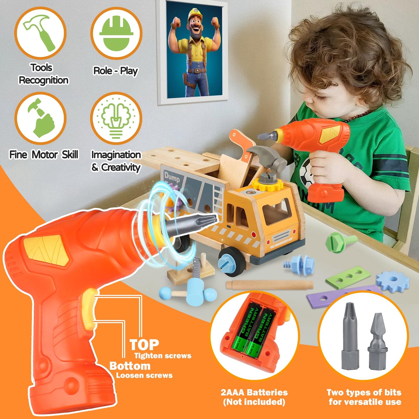 Aliex 38PCS Kids Wooden Truck Tool Set with Toy Drill for Toddlers Ages 3 4 5 6 ,Montessori STEM Educational Learning Construction Workbench Pretend Play Tool Kit,Birthday Sensory Gift for Boys Girls