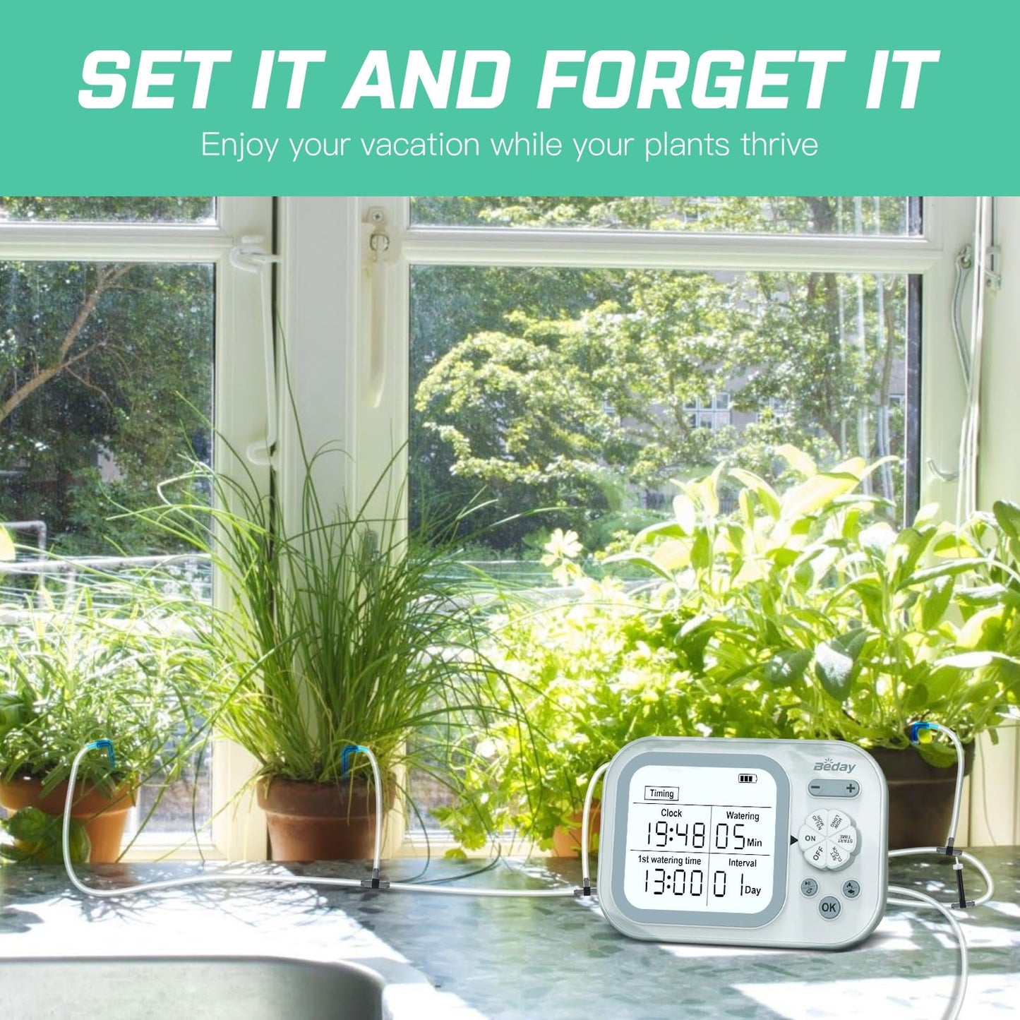 Beday automatic drip irrigation kit for indoor drip irrigation, programmable water timer with smart humidity detection, plastic and rubber, style: dripping, perfect for up to 15 pots