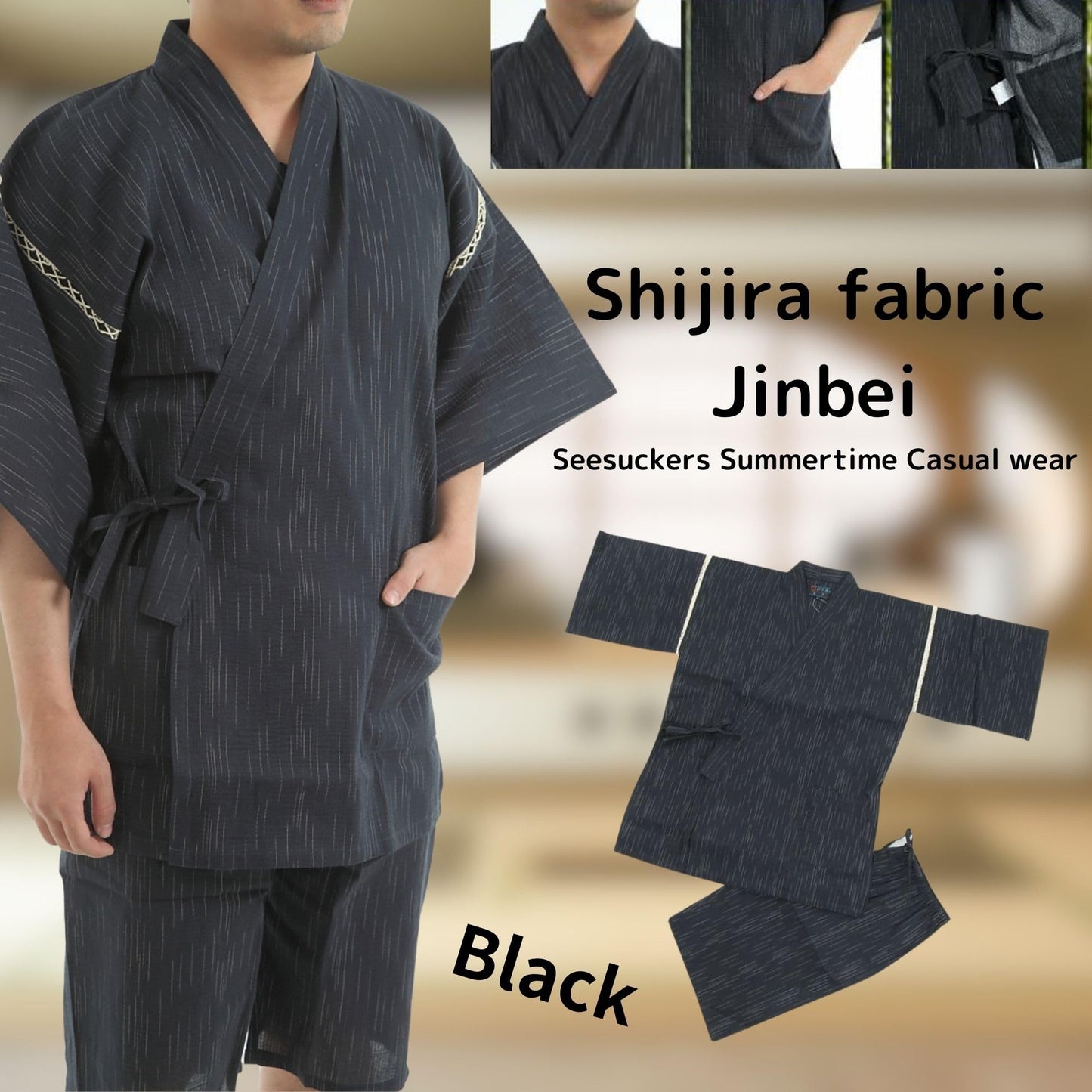 Edoten Men's Japan Kimono Jimbei SIJIRAORI 100% Cotton., Black, 3X-Large