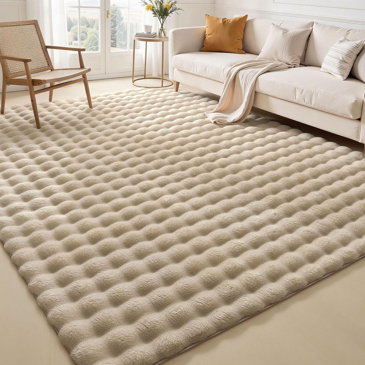 OLANLY Fluffy Faux Fur Area Rugs for Living Room, 4x6 Feet Machine Washable Bubble Area Rug, Soft Shaggy Carpet for Bedroom, Dorms, Nursery Rooms, Home Decor, Beige