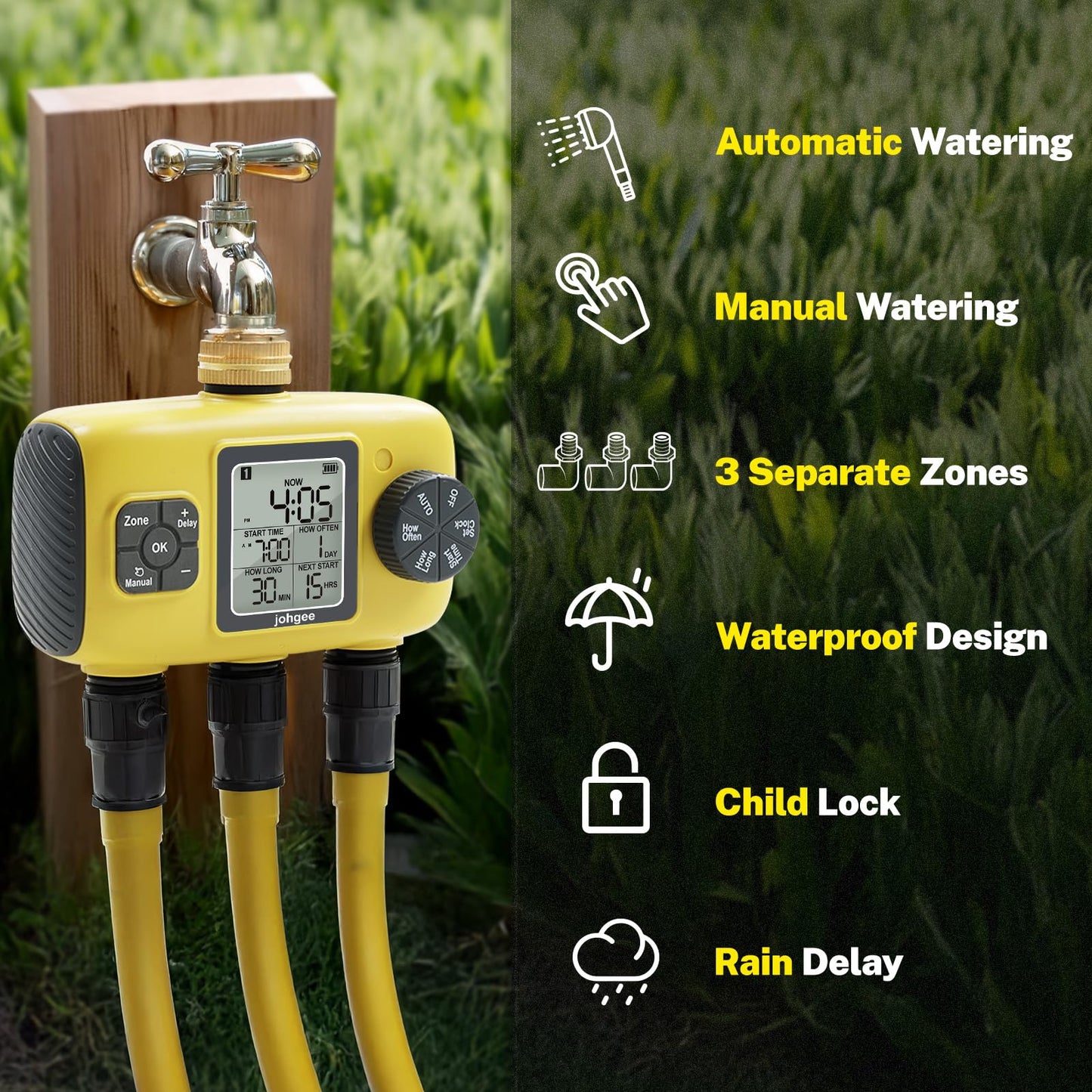 Johgee 3 Zones Water Timer Brass Inlet, Sprinkler Timer Programmable Garden Hose Timer with Rain Delay/Manual/Automatic Watering System,Waterproof Digital Irrigation Timer System for Lawns Pool