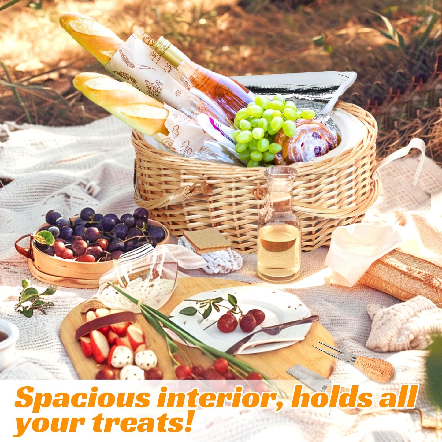 Hap Tim Wicker Picnic Basket Set with Blanket Charcuterie Boards for 2 - Unique Gifts Ideas for Couple, Engagement, Wedding, Bridal Shower, Family, Christmas, White Elephant Gifts for Adults(Y2408A-1)