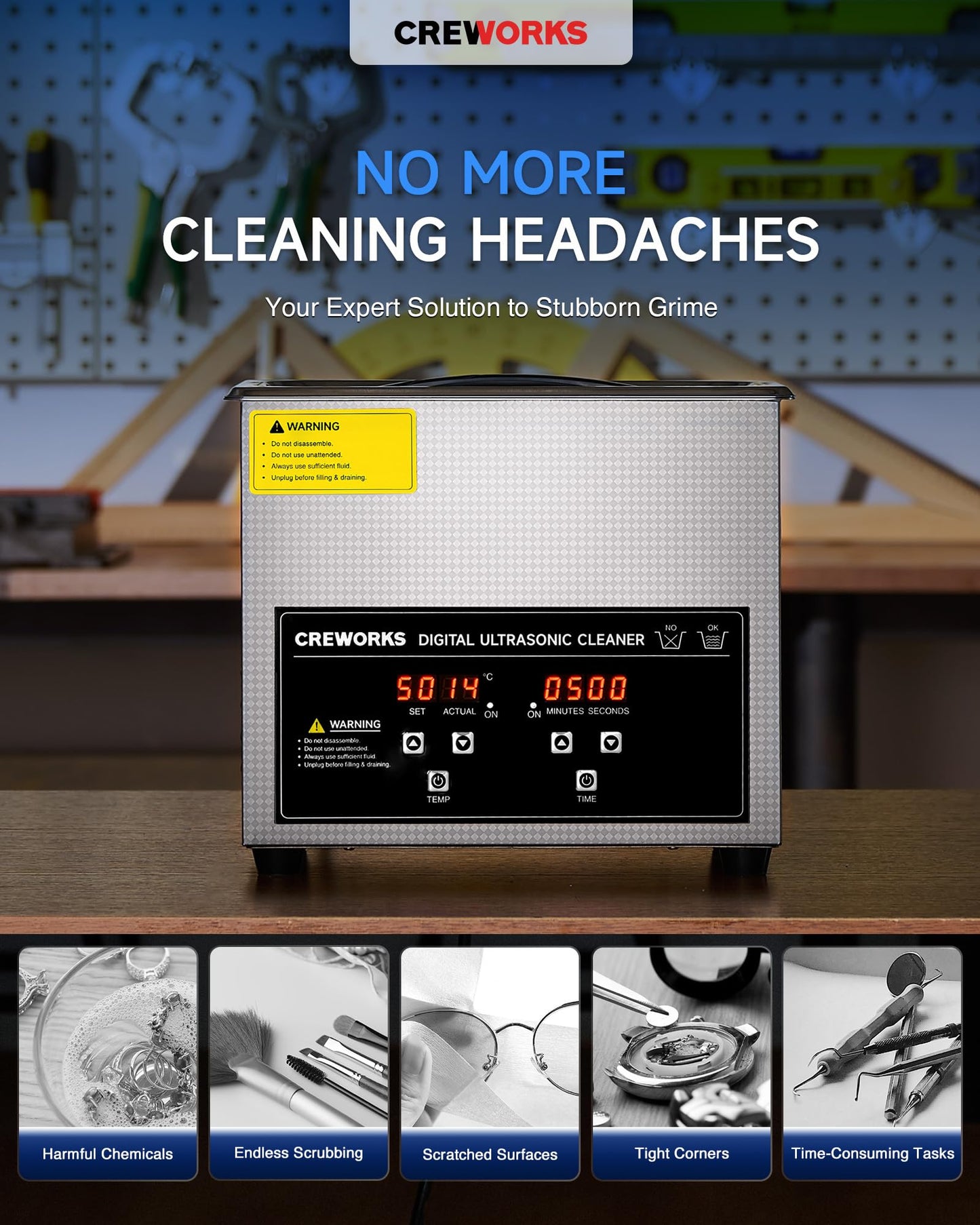 CREWORKS Professional Ultrasonic Cleaner with Digital Timer&Heater for Circuit Board Dental Instrument, Sonic Cavitation Machine for Professional Jewelry Watch Glasses Cleaning and More (3L)