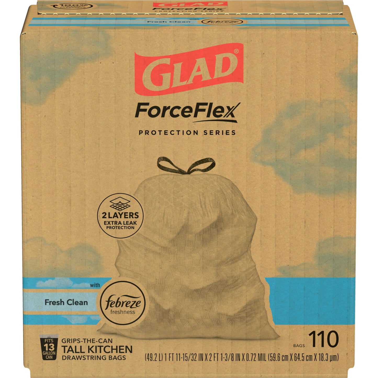 Glad ForceFlex Tall Kitchen Drawstring Trash Bags, 13 Gal, Fresh Clean, 110 Ct, Pack May Vary