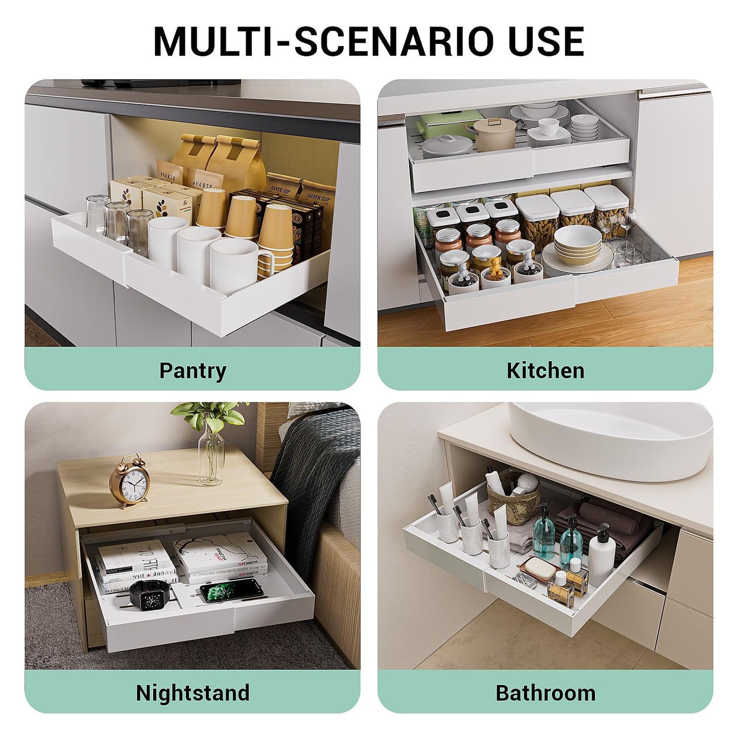 Expandable Pull Out Cabinet Organizer, 12.6"-20.5" Pull Out Drawers for Kitchen Cabinets, Slide Out Drawers for Kitchen Cabinets, Slide Out Drawers Organizer, Fixed with Adhesive Nano (White, 1pc)