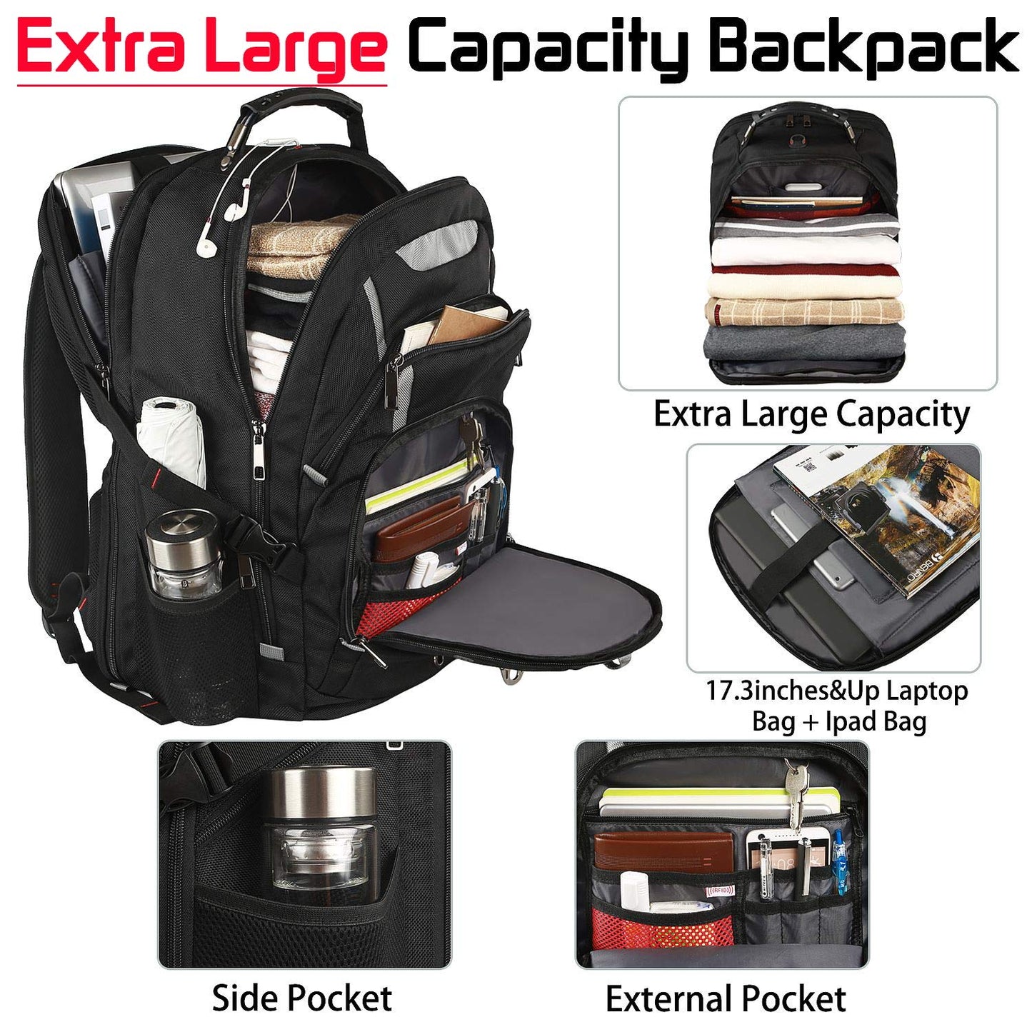 18.4 Laptop Backpack Men,Women 55L Extra Large Gaming Laptops Backpack with USB Charger Port,TSA Friendly Flight Approved and RFID Anti-theft Pocket,Water Resistant Suiltable for Traveling & Business