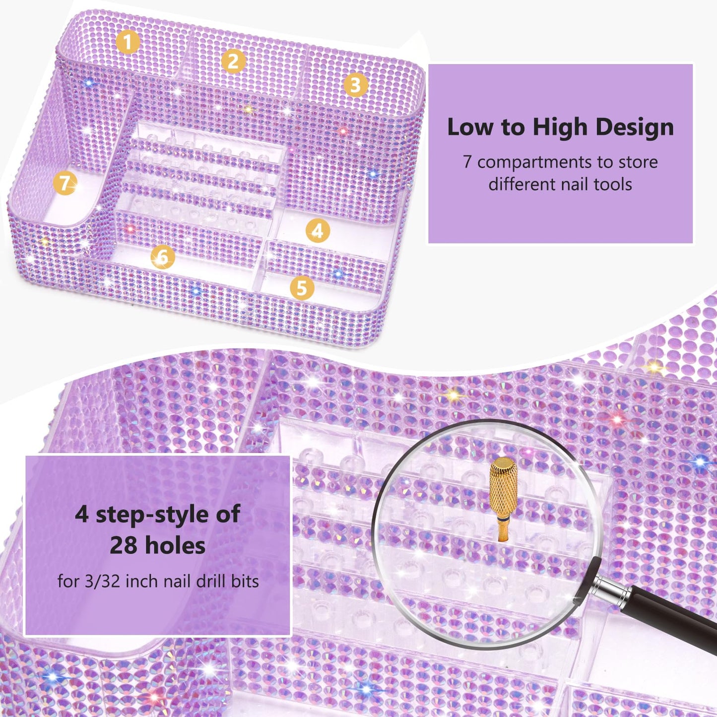 CGBE Nail Drill Holder, 28 Holes Drill Bit Holder for Nails, Professional Nail Tool Organizer, Nail Desk Organizer for Nail Tech, Nail Salon DIY Use - Diamond Purple (Not Including Nail Drill Set)