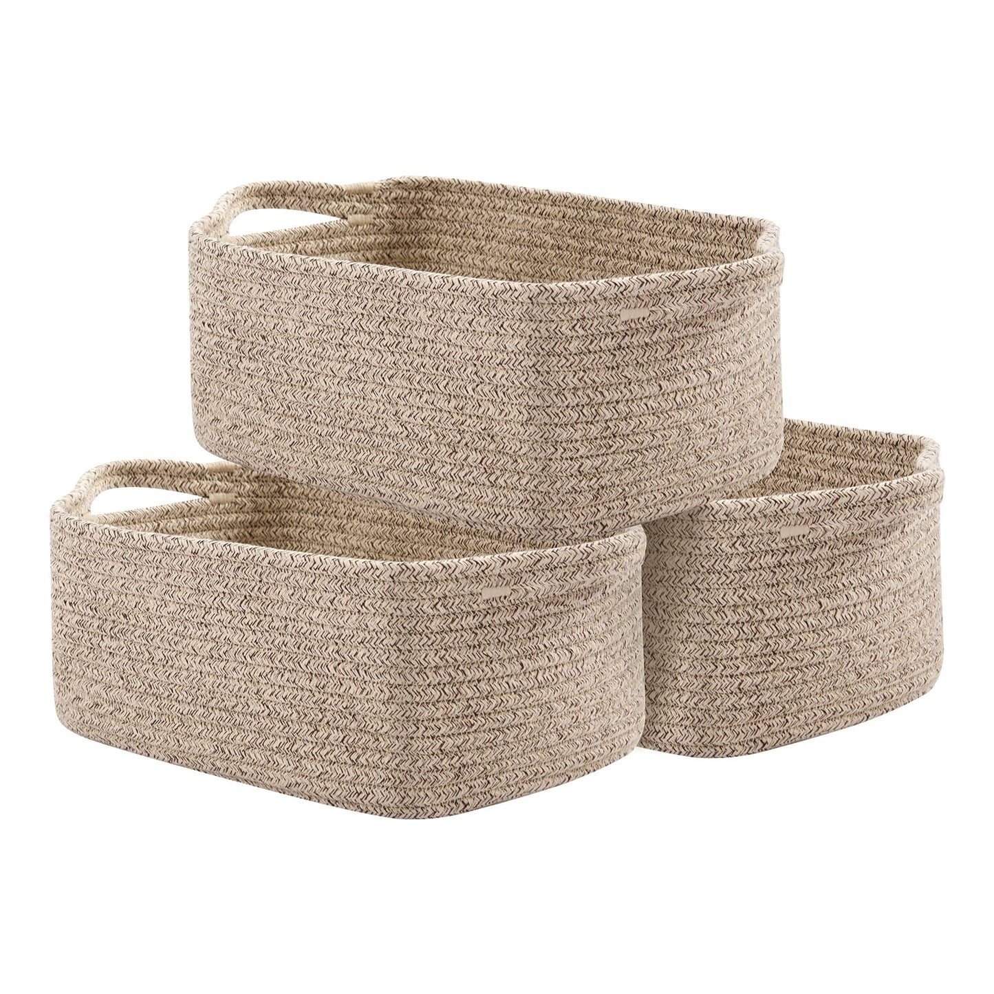 OIAHOMY Cotton Rope Baskets for Shelves, Woven Storage Baskets, Rectangle Nursery Small Basket with Handles, Pack of 3, Brown Variegated