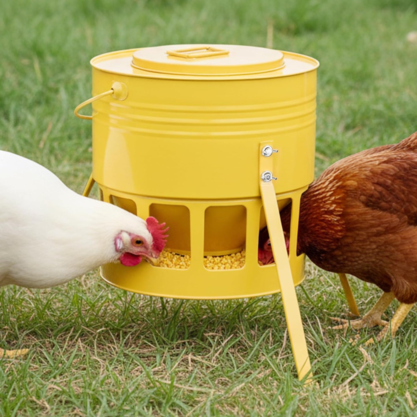 KOL 20lbs (9kg) Galvanized Steel Chicken Feeder with 12 Feeding Ports – Outdoor Ground Homestead Poultry Feed Dispenser for Coop or Farm Use, Weather Resistance, No Waste, Yellow