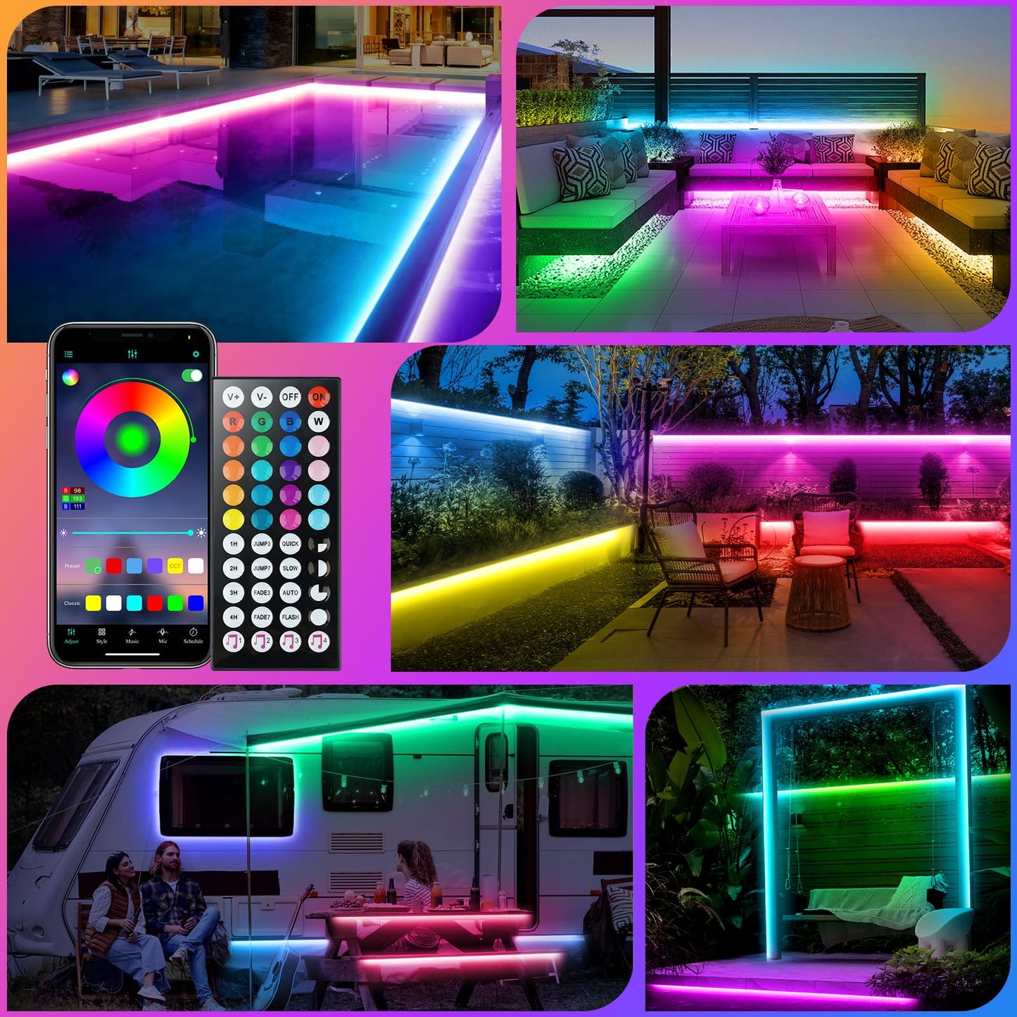 100Ft/30M Outdoor LED Strip Lights,Waterproof IP68 Ultra Long RGB Color Changing LED Lights with IR Remote and APP, 24V Music Sync Light Strips,Flexible Outdoor LED Tape Lights for Garden Terrace