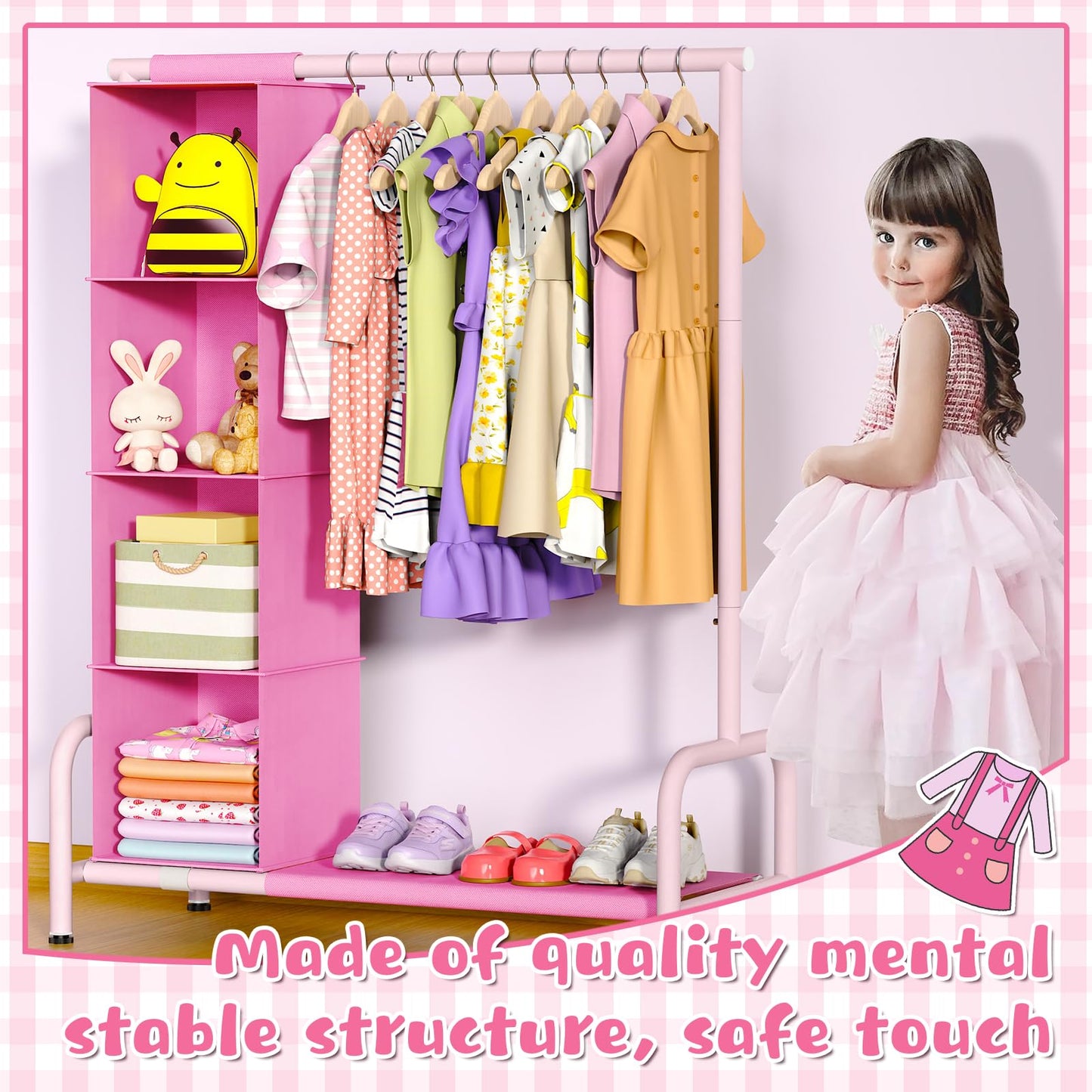 Univivi 43 inch Kids Clothing Rack with Hanging Organizer,Toddler Dress Up Storage Rack for Baby Clothes,Dance Costumes,Kids Wardrobe Closet for Hanging Clothes,Pink/Pink