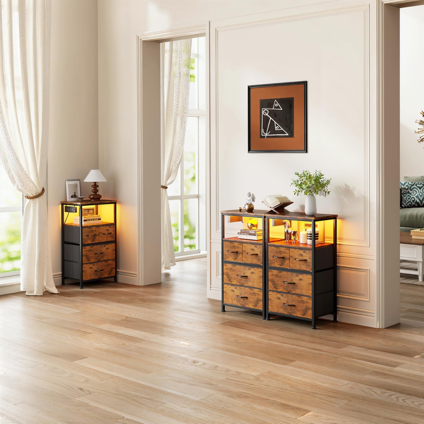 Flrrtenv Dresser for Bedroom, Night Stand with Charging Station, LED Nightstand with 4 Drawers, Tall Commode de Chambre for Bedroom, Bedside Table with Storage Shelf for Living Room, Rustic Brown