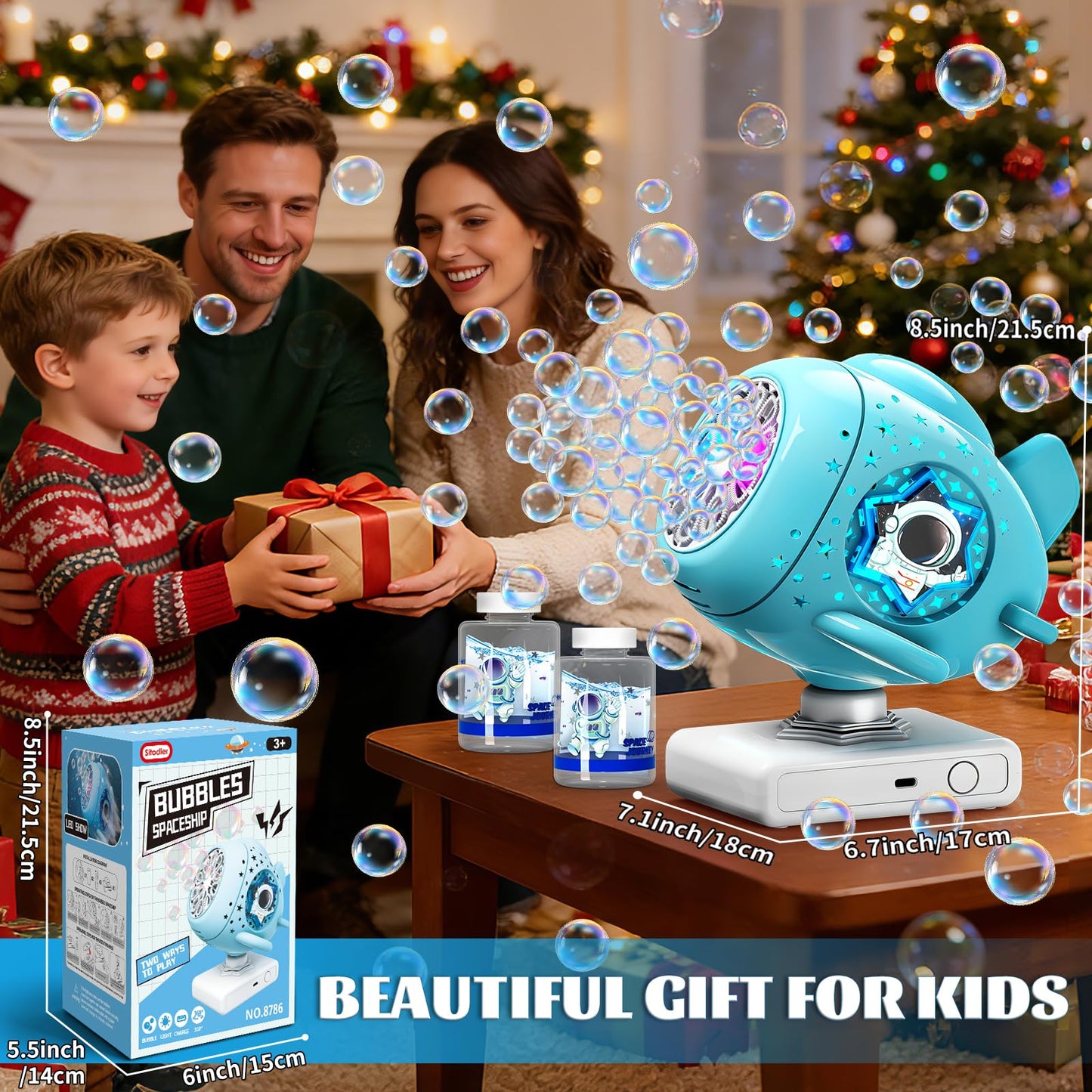 Sitodier Rechargeable Bubble Machine, Automatic 360° Rotatable Bubble Maker Toys with Light, Spaceship-Shaped Bubble Blower for Kids Toddlers, Easter, Birthday, Parties, Wedding, Outdoor Activities