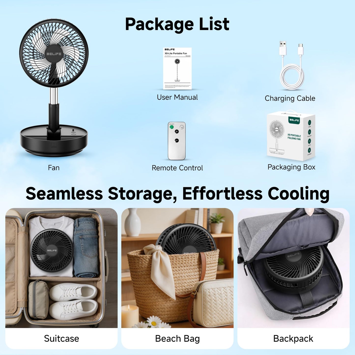 Belife X8 Portable Fan, Cordless 7200mAh Battery Operated Oscillating Fan, USB Rechargeable Desk Floor Fan with Remote, Foldable Telescopic Fan for Home Bedroom Sleeping Office Camping Travel