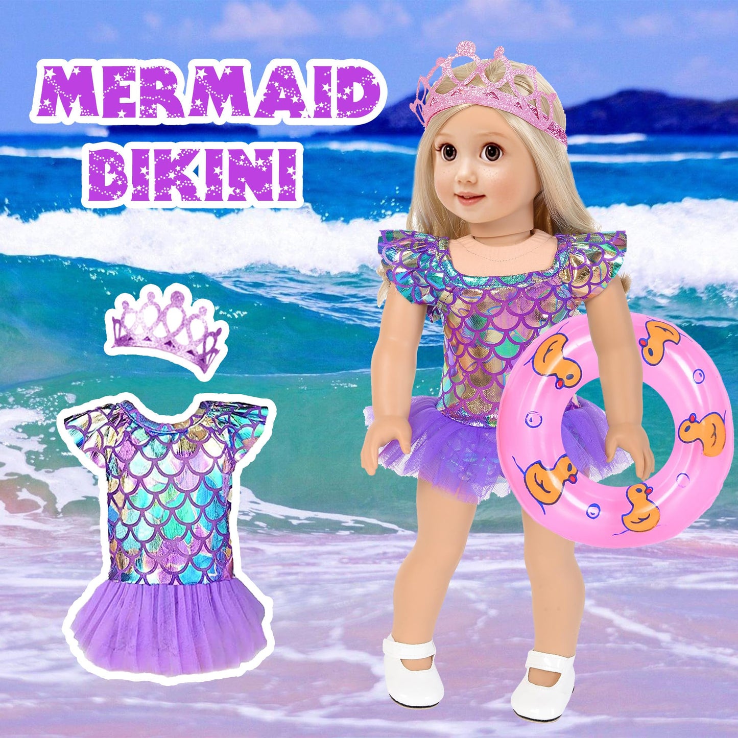 ebuddy 18 Inch Doll Clothes and Travel Accessories Set - Mermaid Themed Play Set for 18" Dolls, Includes Mermaid Tail, Dresses, Suitcase, Camera & More (Doll Not Included)