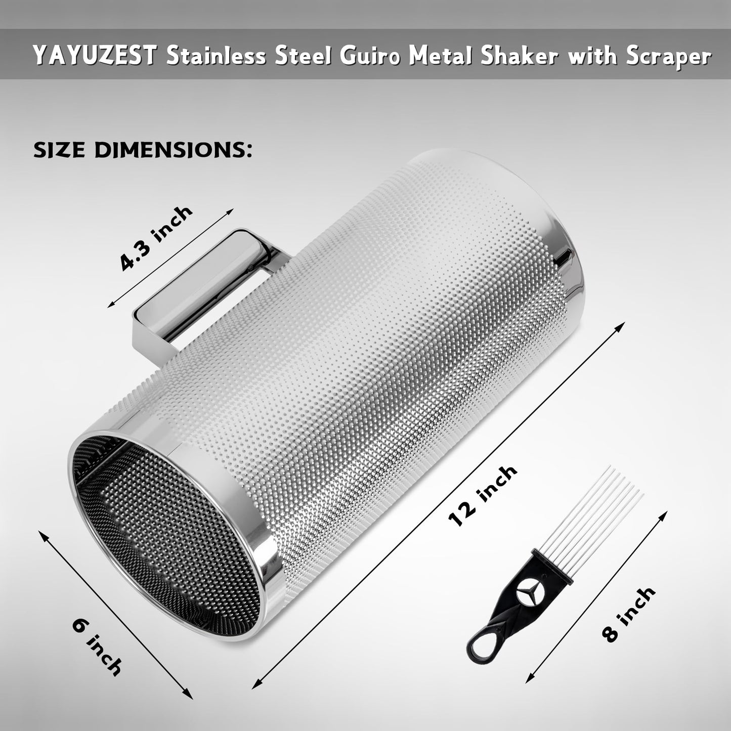 YAYUZEST Guiro Shaker Stainless Steel Percussion Guiro Musical Instruments with Scraper (6" x 12")