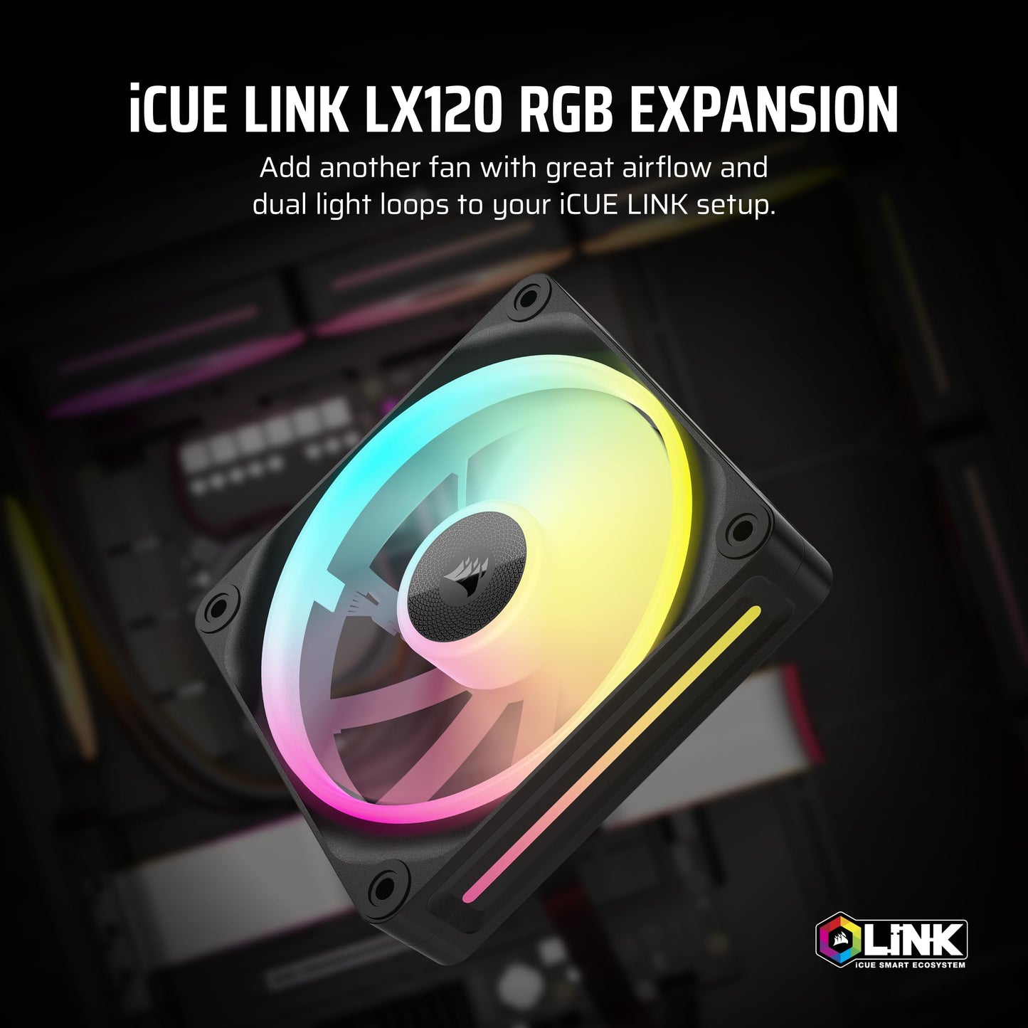 CORSAIR iCUE Link LX120 RGB 120mm PWM Fan Single Pack – Dual Light Loops – Requires iCUE Link System Hub (Sold Separately) – CORSAIR AirGuide Technology – Black