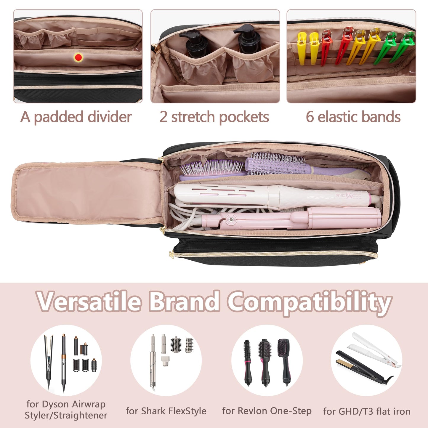 YARWO Upgraded Hair Tools Travel Bag with Heat Resistant Mat for Straightener, Curling/Flat Iron, Blow Out Brush/Curler, 2 in 1 Hot Hair Styling Tool Organizer with Pockets for Hair Accessories, Black