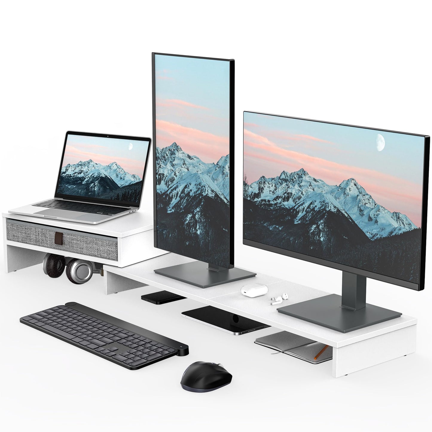 FENGE Dual Monitor Stand with Drawer Computer Monitor Stand Riser Adjustable Length and Angle, Wood Monitor Stands for 2 Monitors, Laptop PC, Computer, Printer, Office Desk Organizer White