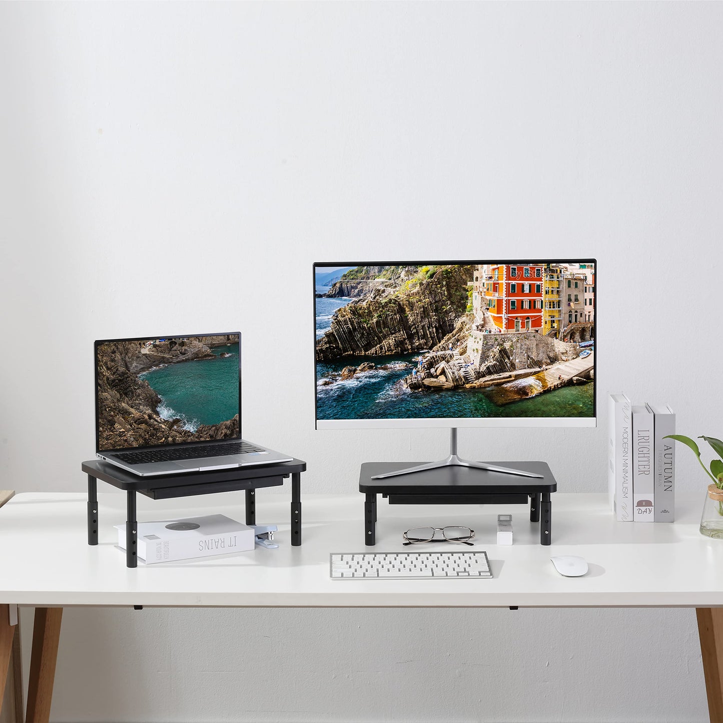 ETHU Monitor Stand for Desk, 3 Height Adjustable Computer Monitor Riser with Storage Drawer for Desk, Wood Computer Monitor Stand for Office and Home, Ergonomic Desk Stand for Computer, Printer, Laptop, PC and iMac 2 Pack(Black)