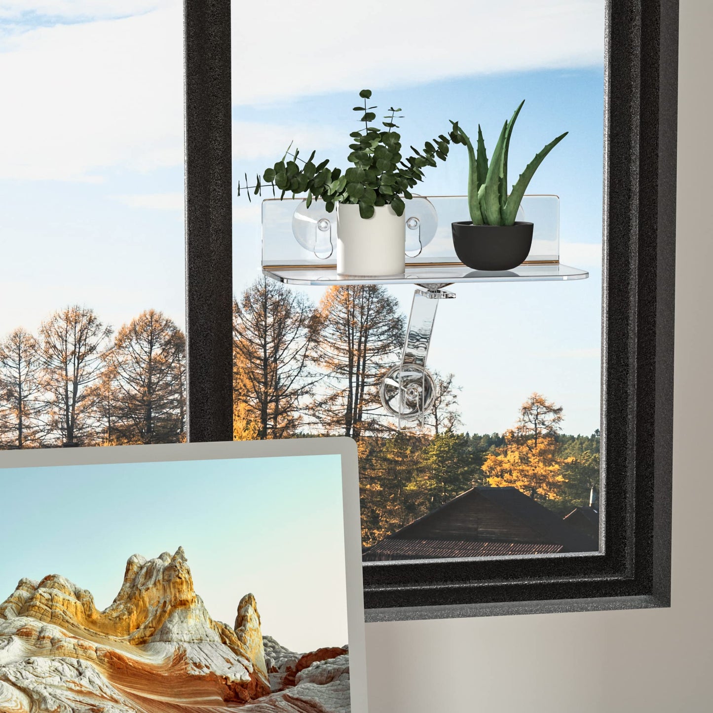 Hexsonhoma Clear Acrylic Windows Plant Shelves, 12 Inch Window Plant Stand with Legs, No Need Drilling Indoor Windows Suction Cup Shelf Wall Shelf for Plants, Home Décor, Toiletries(2 Pack)