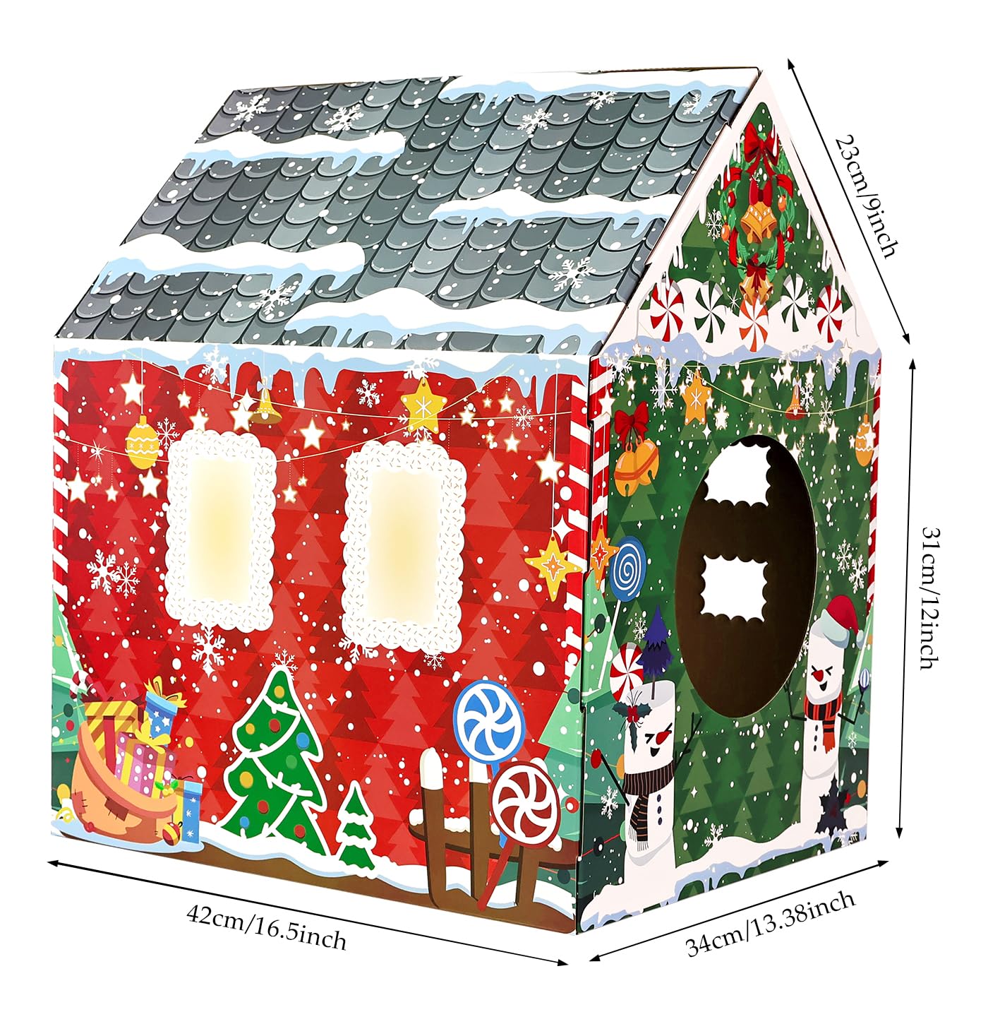 MUNILAIL Christmas Cardboard Cat House with Scratcher - 16.5" x 13" x 19" Cat Scratcher House for Indoor Cats