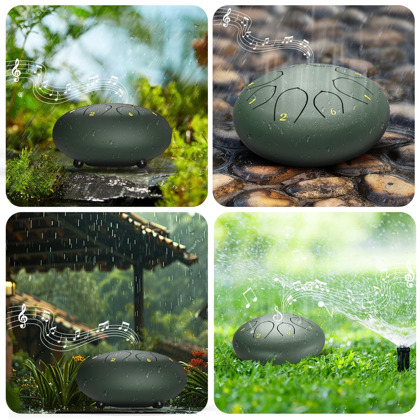 Rain Drum for Outside, 6 Inches 8 Notes Steel Tongue Drum for Garden Instrument, Rain Chime Waterproof, Hand Pan Instrument Outdoor, with Bag, Music Book, Mallets