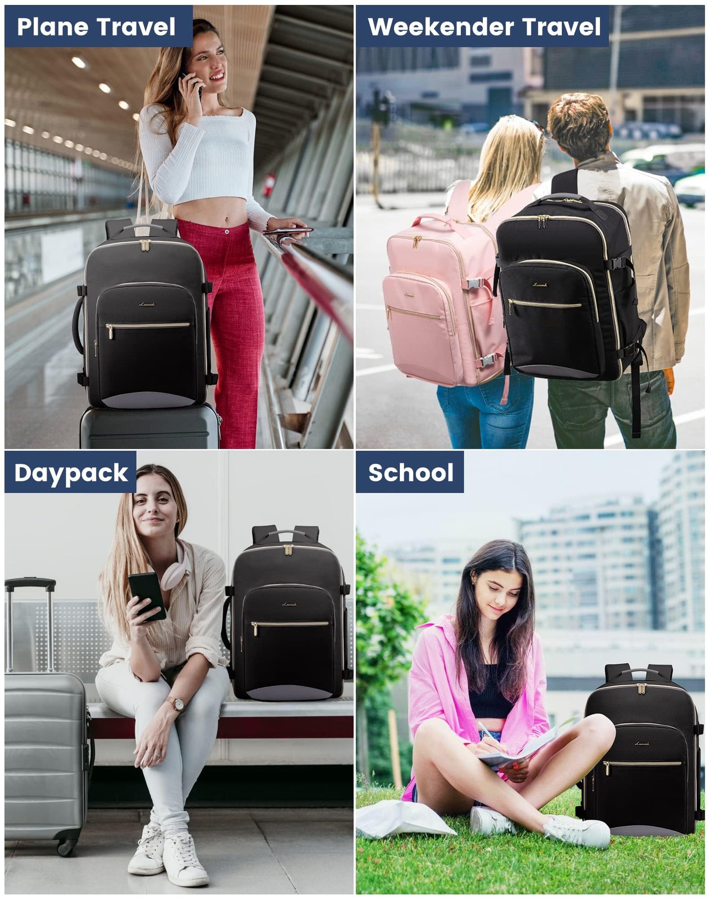 LOVEVOOK Travel Backpack for Women as Personal Item Flight Approved, 40L Luggage 17.3 inch Carry on Backpack Laptop Daypack Waterproof with 3 Packing Cubes, Black