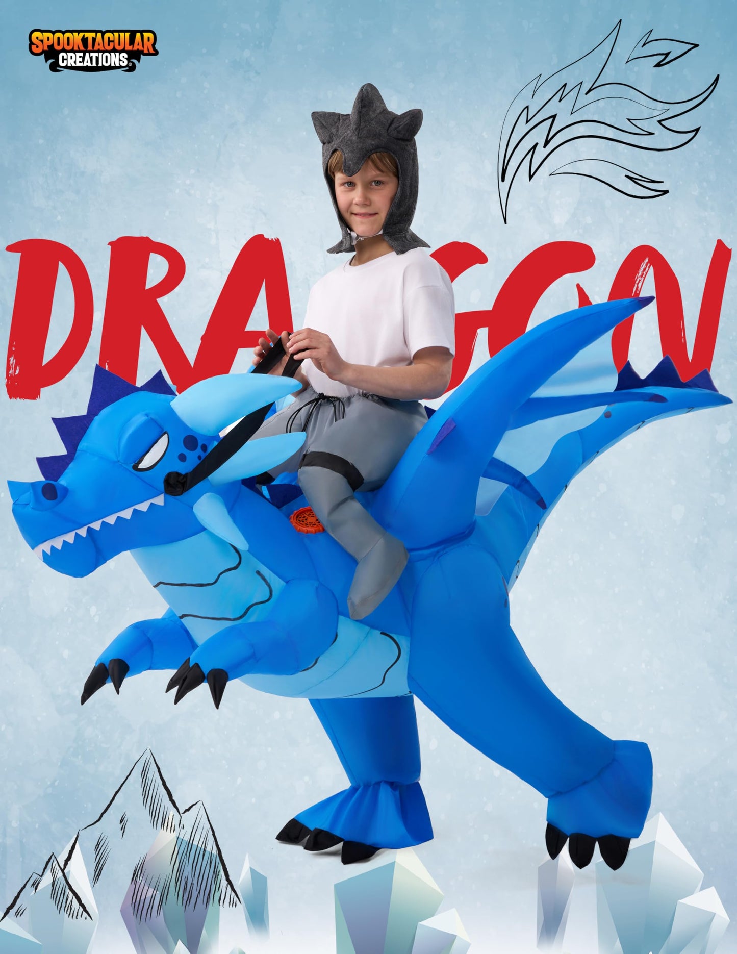 Spooktacular Creations Inflatable Costume for Kids, Ride on Ice Dragon Inflatable with Hat, Dragon Costume Blue(M)