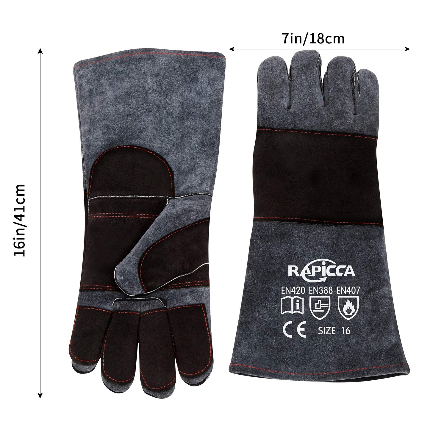 RAPICCA Animal Handling Gloves Bite Proof Reinforced Leather Padding Dog,Cat Scratch,Bird Handling Falcon Gloves Grabbing,Reptile Squirrel Snake Bite 16in Grey-Black
