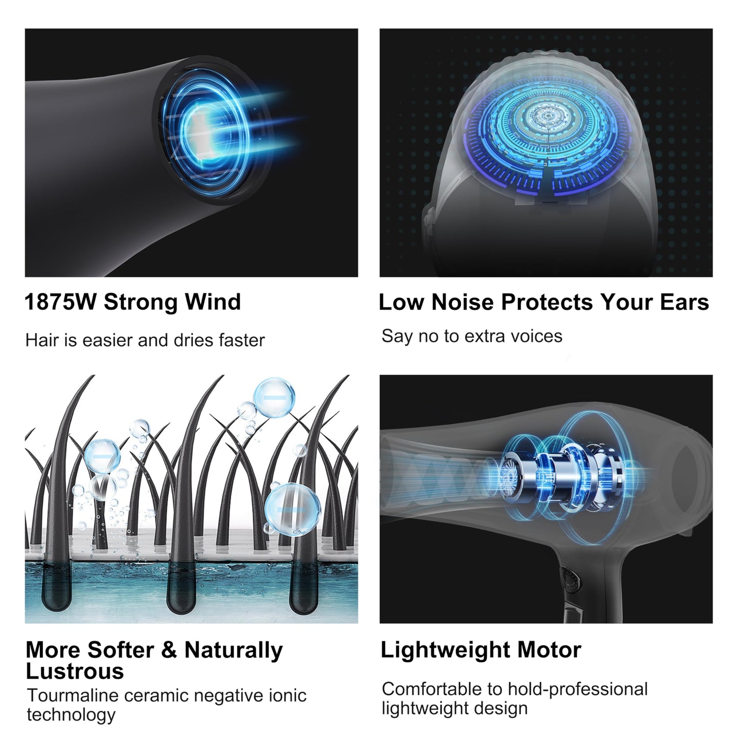 1875W Fast Drying, Professional Salon Hair Dryer with Diffuser & Comb & Concentrator Nozzle (Black)