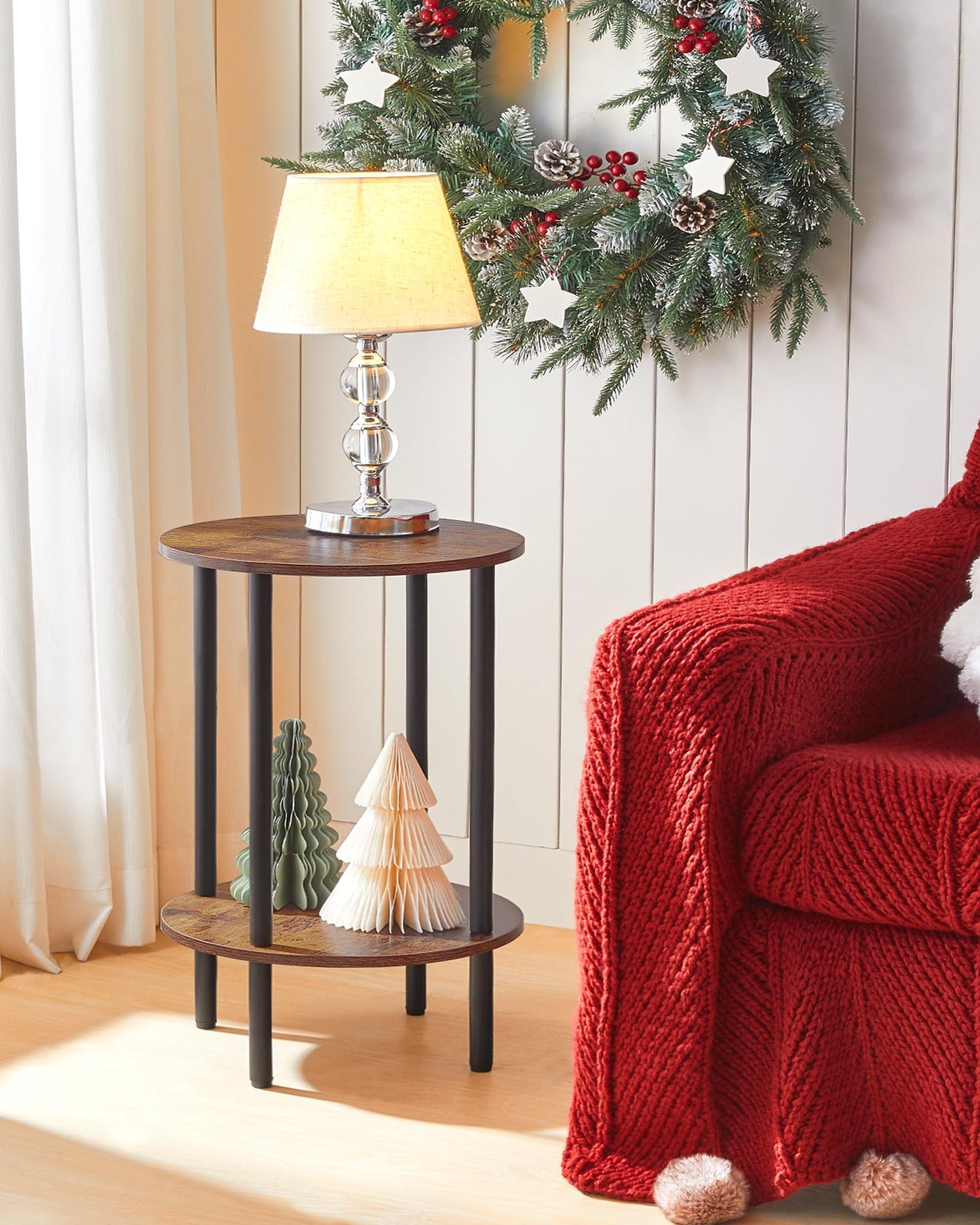 CHOEZON Round Side Table, 2-Tier End Table, Small Round Nightstand with Sturdy Metal Tube, Industrial Coffee Table, for Living Room, Bedroom, Rustic Brown and Black TBZ01BF