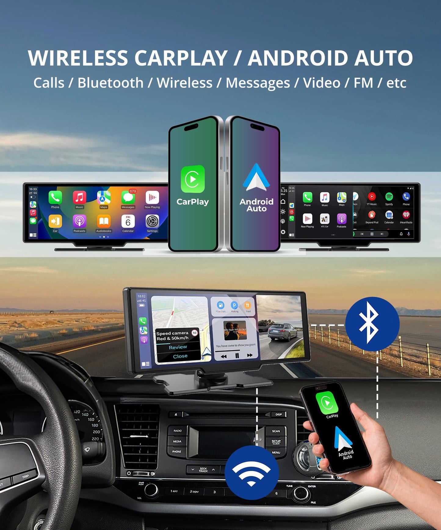 BlackboxMyCar S-Drive 10.26" Android Auto and Apple CarPlay Display with 1080p Front Dashcam, 1080p Backup Camera for Car, Bluetooth, AUX, FM, Mirror Link, 64GB microSD Card Included