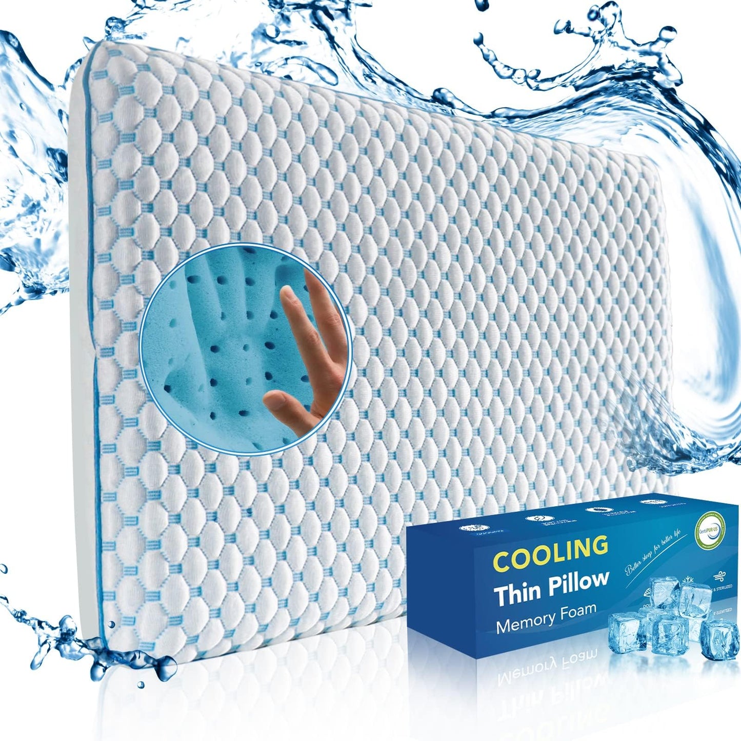 Ultra Thin Pillow for Sleeping- Cooling Gel Flat Pillow for Stomach and Back Sleepers, Slim Stomach Sleeping Pillows for Shoulder Neck Pain Relief, Low Profile Memory Foam Pillows with Washable Cover