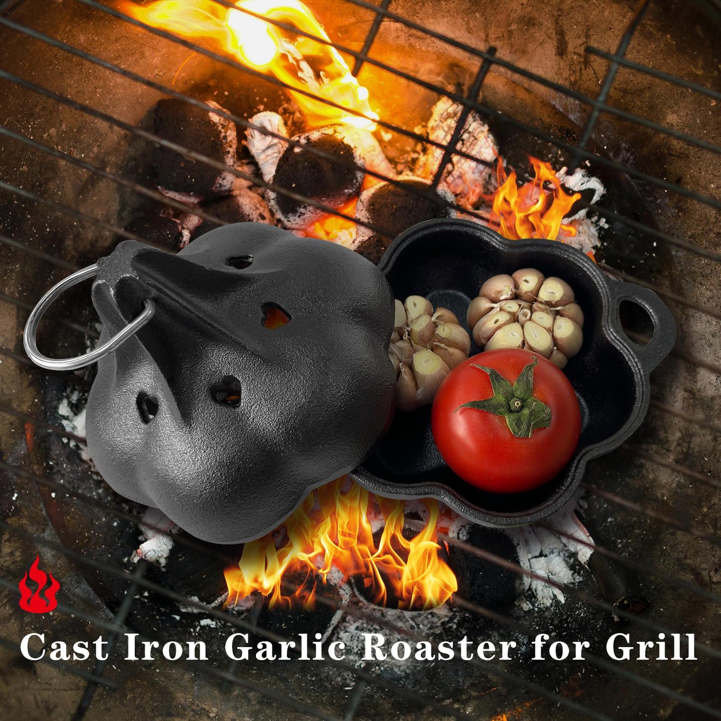 BOLVOUD Cast Iron Smoker Roaster & Garlic Roster Baker, Smoker Box, Pre-Seasoned Cast Iron Garlic Roaster for Grill, Perfect for BBQ and Oven, for Smoky, Flavorful Vegetables, Meats or Wood Chips