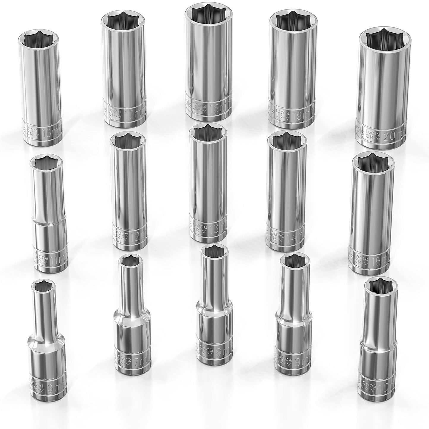 Olsa Tools Metric Socket Set (15pc) | 3/8-Inch Drive | 6-Point Deep Socket Set | Metric Sizes from 6 mm to 20 mm | Mechanic Metric Socket Sets | Long Chrome Sockets | Professional Grade