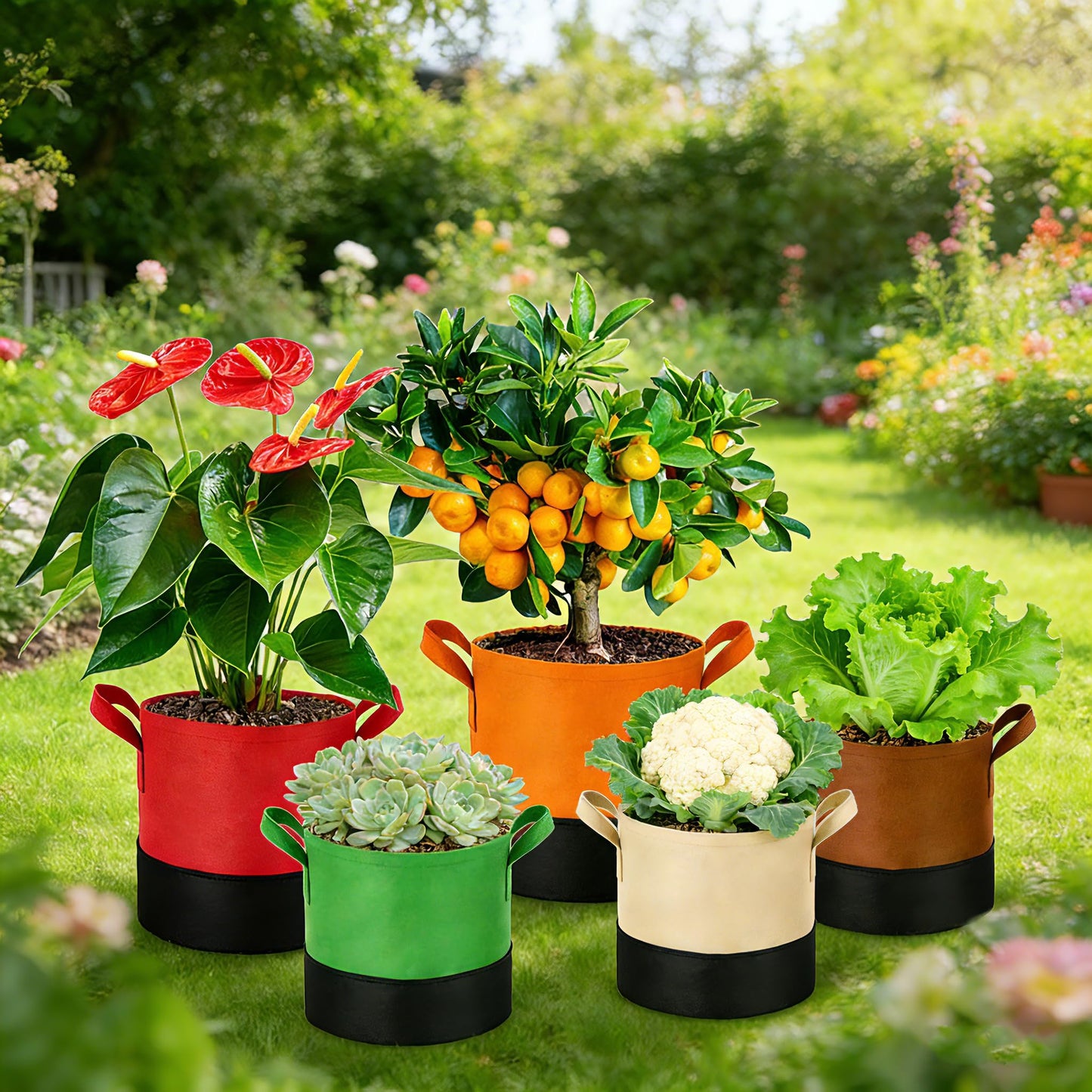15 Gallon Fabric Grow Bags 5-Pack, 350G Heavy Duty Nonwoven Fabric Pots with Handles, Breathable Grow Planter for Vegetables Flowers Indoor Outdoor Gardening