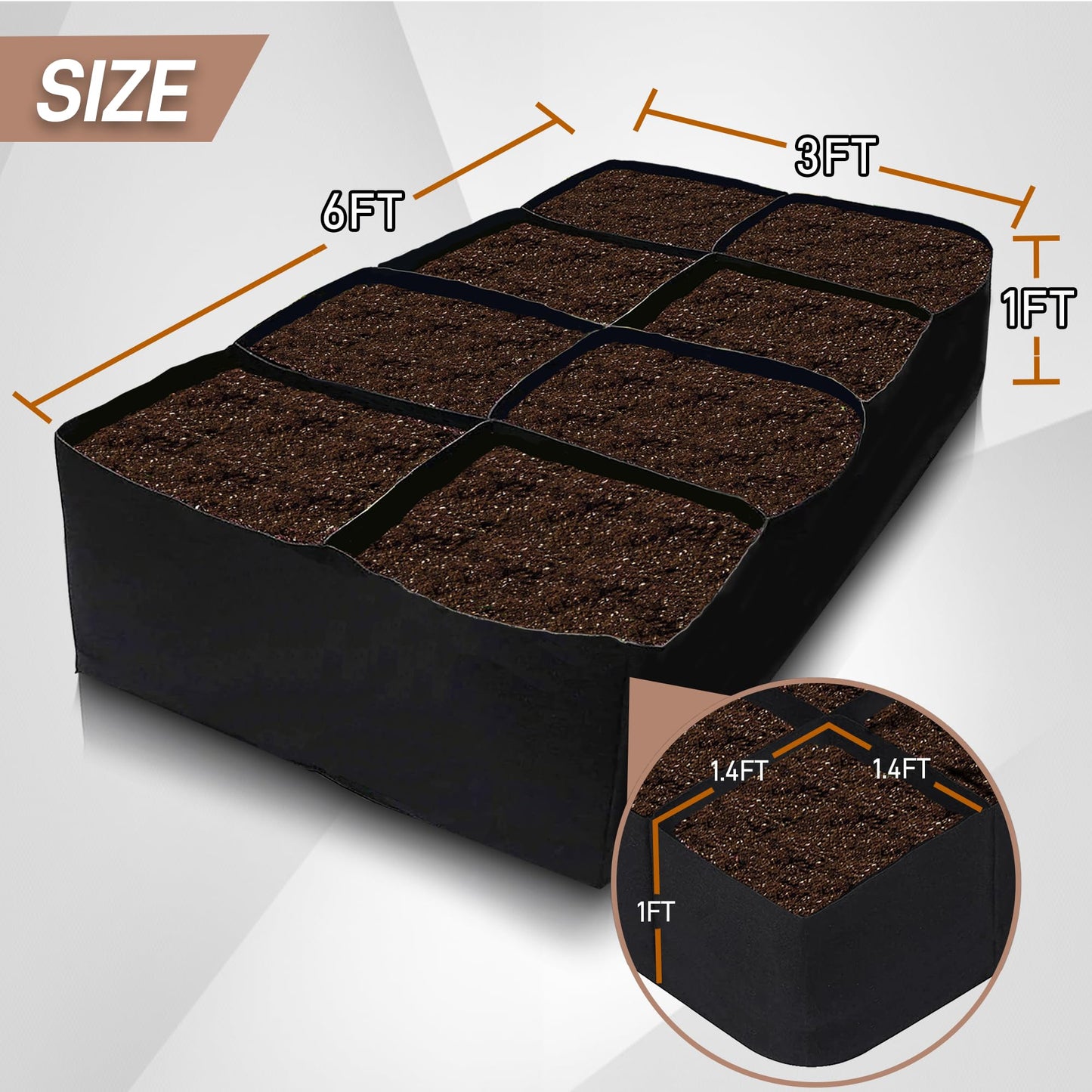 Sinimaka Fabric Raised Garden Bed, 128 Gallon 8 Grids Plant Grow Bags, 3x6 FT Garden Bag for Growing Vegetables Potatoes Flowers Herbs, Rectangle Planting Container Bags for Outdoor Gardening