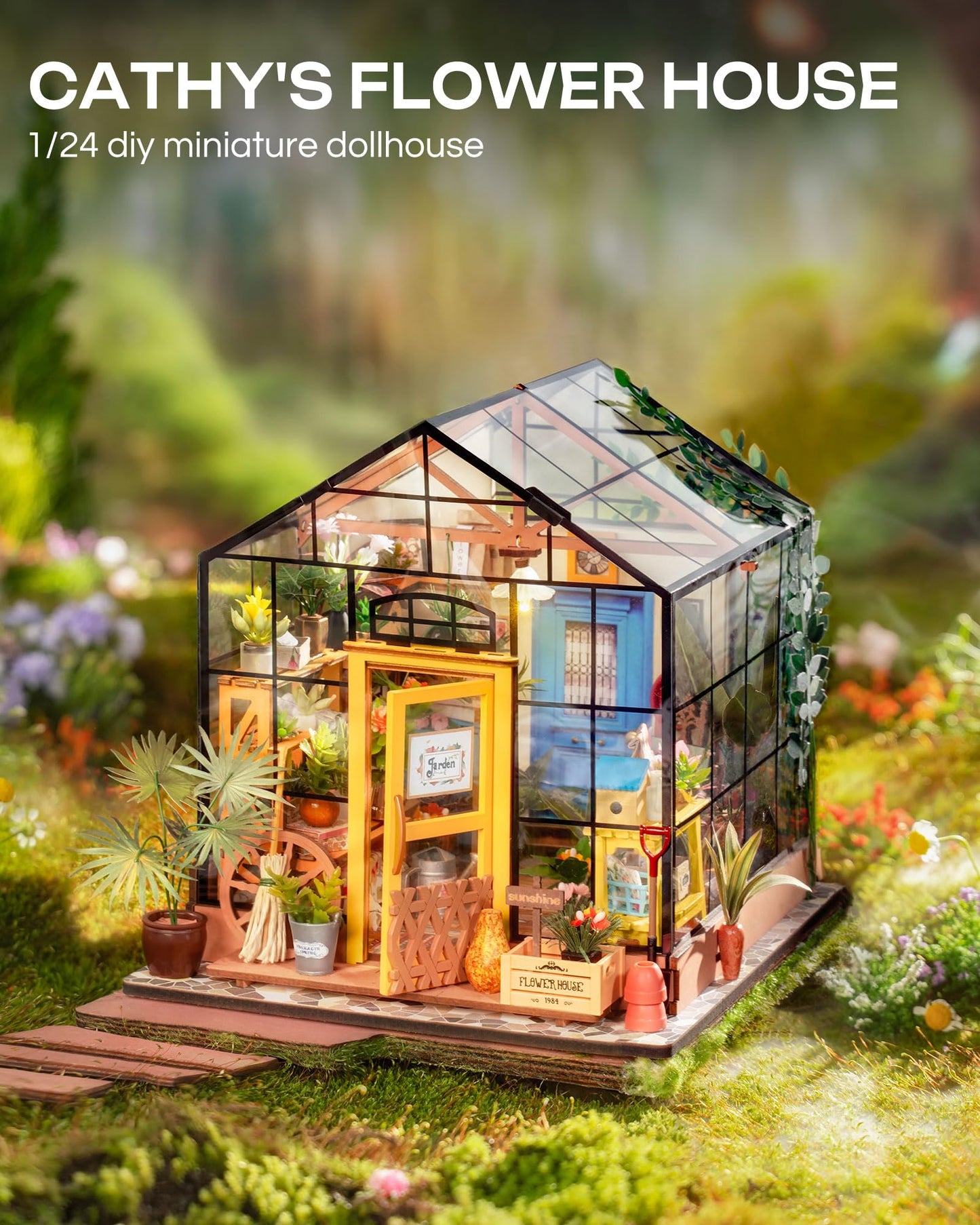 Rolife Dollhouse DIY Miniature Room Kit-Handmade Green House-Home Decoration-Miniature Model to Build-Christmas Birthday Gifts for Boys Girls Women Friends (Cathy's Flower House)