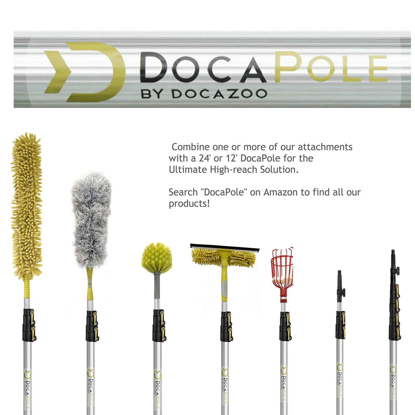 DOCAZOO Telescopic Pole - Extension Pole, Window Cleaning Kit, Ceiling Cleaning, Feather Duster, Snow Removal, Window Squeegee, High Reach Indoor & Outdoor Kit - (12 Ft Ext Pole with Cobweb Duster)