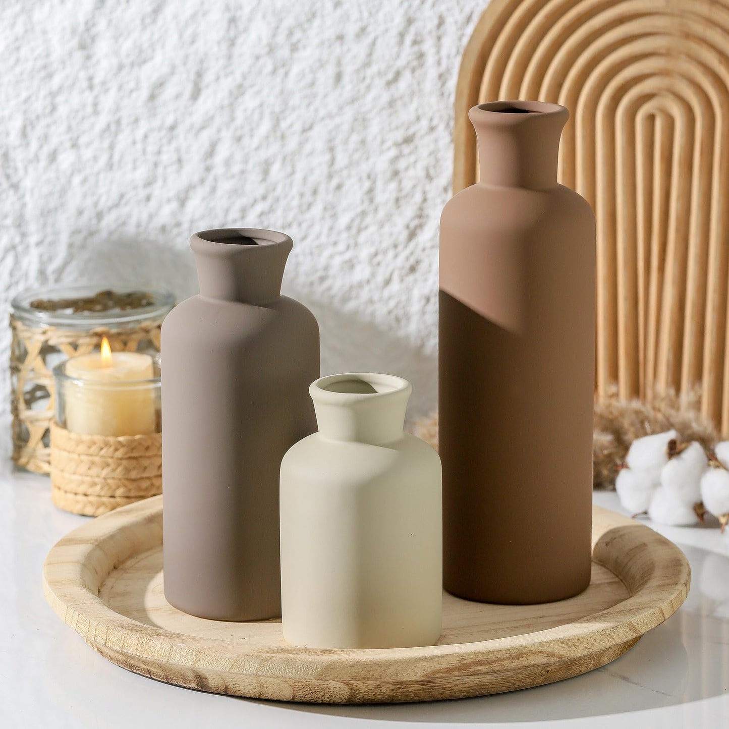 Vase Set of 3, Ceramic Vases Neutral Modern Vases Home Decor Rustic Farmhouse Decor Flowers Pampas Vase for Table Mantel Entryway Shelf Living Room Kitchen Bathroom - Brown