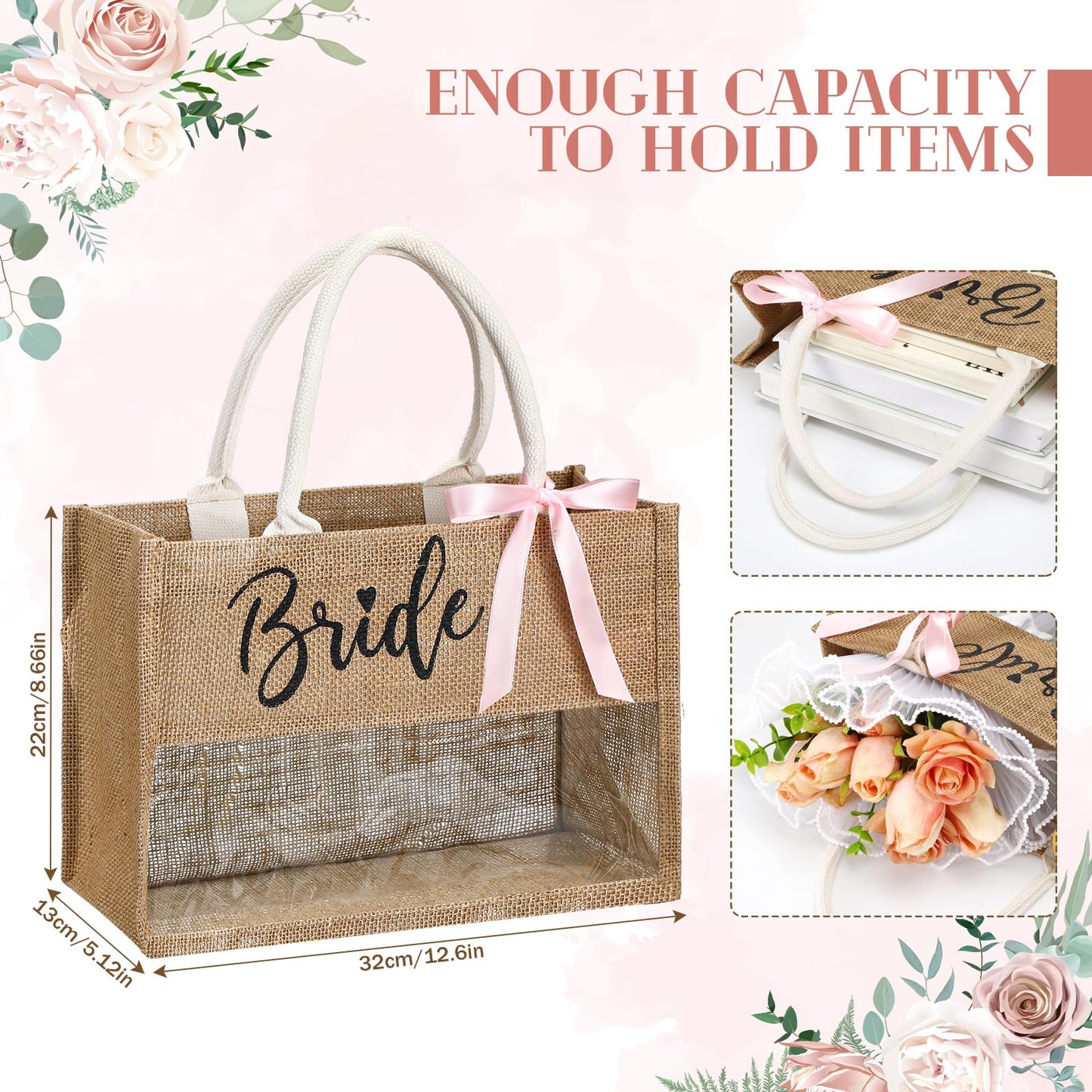 Locmeo 8 Pcs Bachelorette Beach Bag Bride to Be Bridal Party Tote Bag Bride Tribe Gifts Jute Burlap with Transparent PVC Film Window for Newlywed Bridesmaids Engagement Bachelorette Party(Jute Brown)