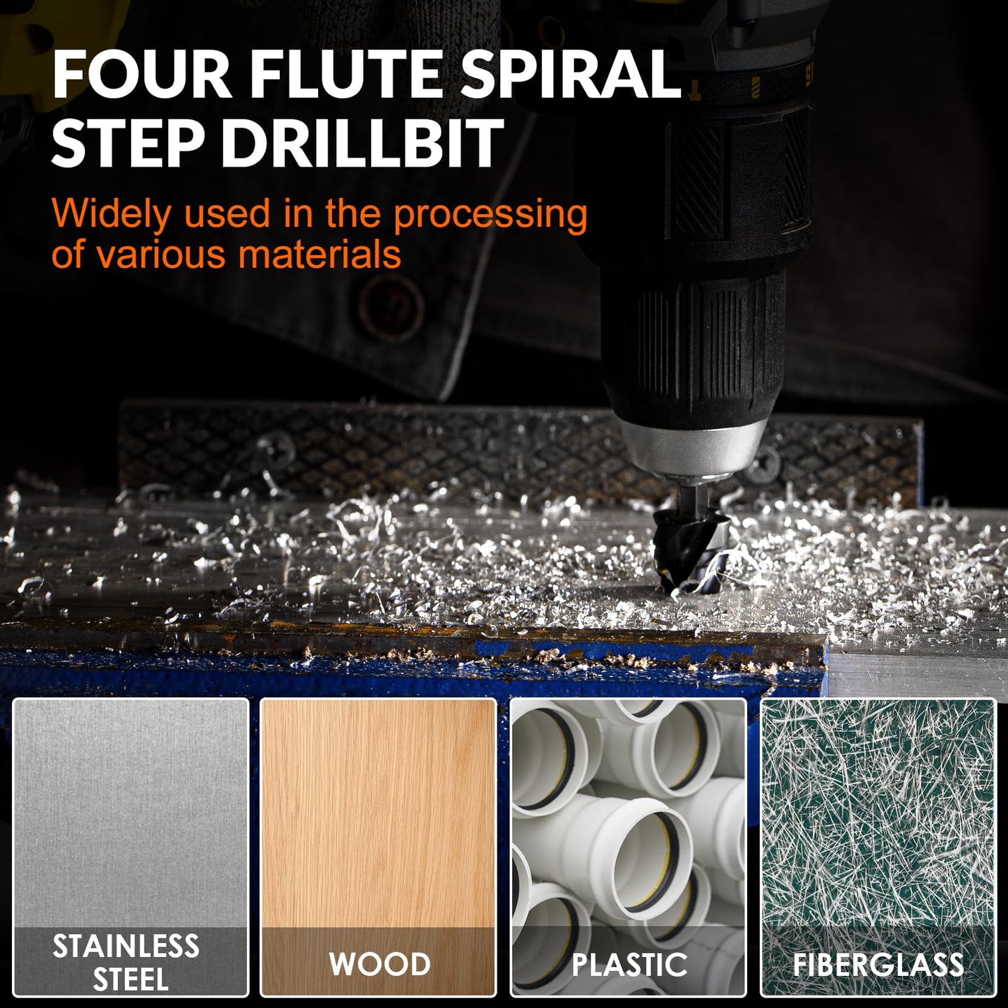 THINKWORK Four Spiral Flute Step Drill Bit Set, 5 Pcs HSS Step Drill Bits (1/8"-1-3/8") Unibit, 1/4" and 3/8" Shank Step Bits for Aluminum, Wood, Plastic, Metal