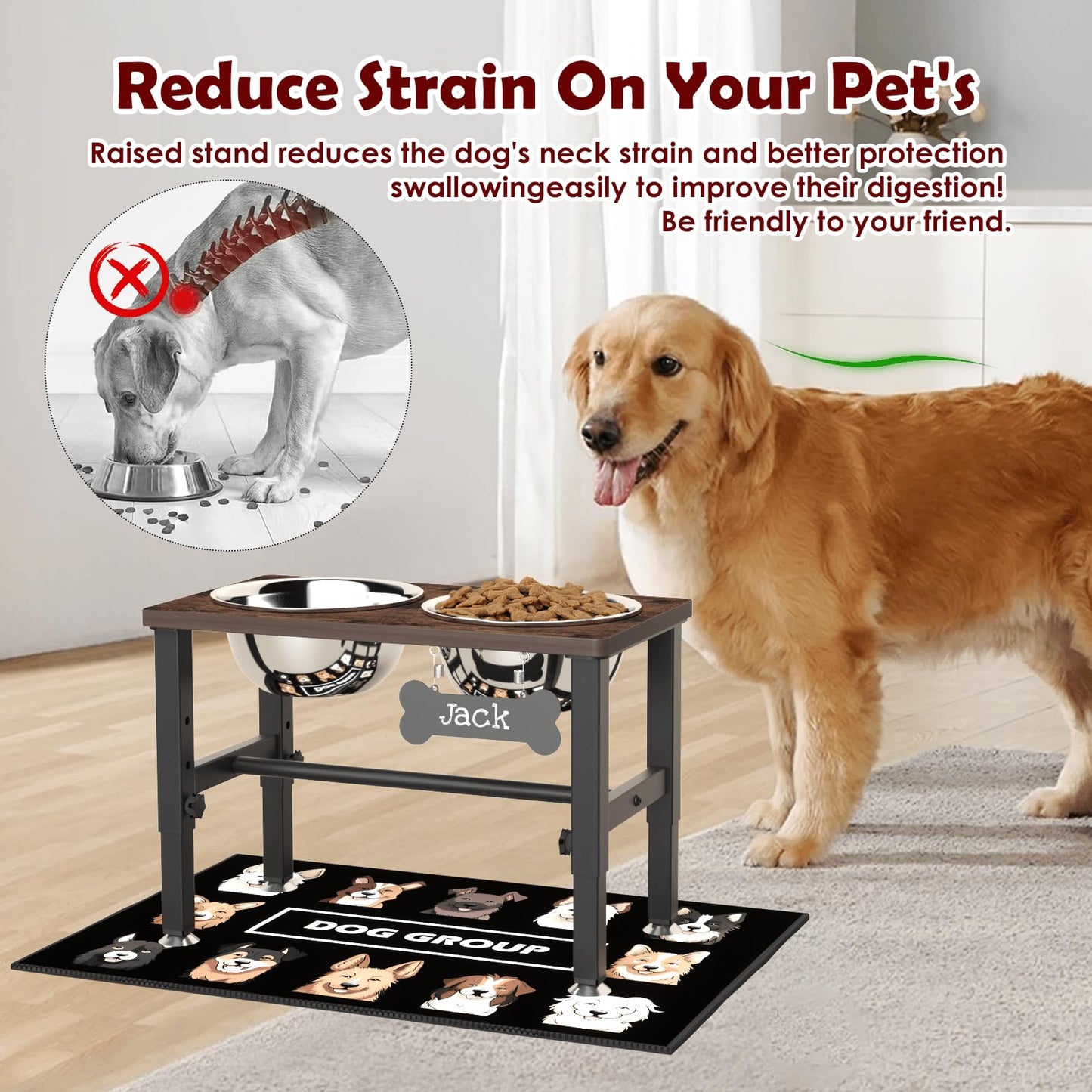 SHAINFUN Elevated Dog Bowls with Slow Feeder & Mat for Medium and Large Dogs, 16" Tall Adjustable Wooden & Metal Raised Dog Bowl Stand, 2 Stainless Steel 58oz Bowls for Food & Water