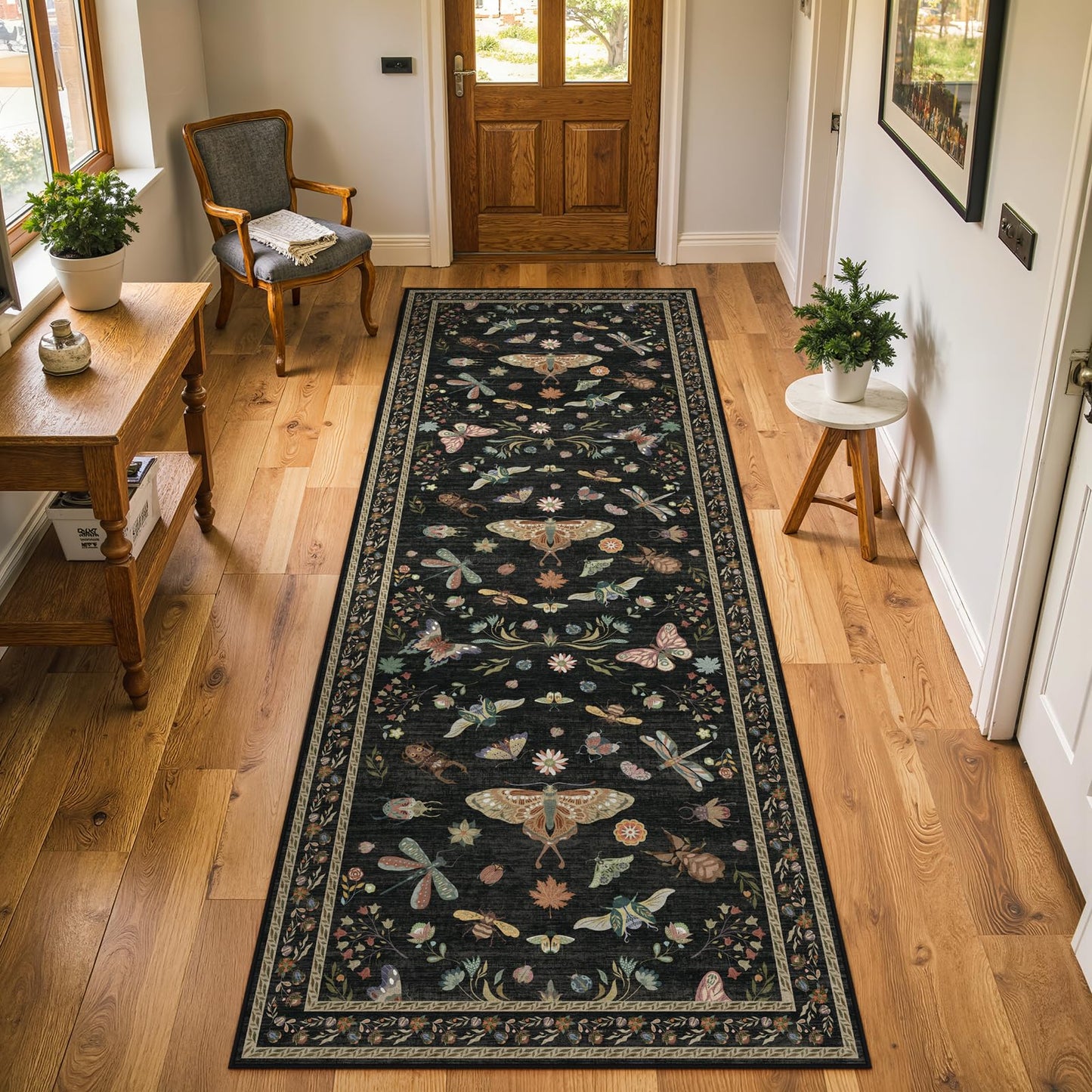 Dadasgk Black Boho Washable 2x6 Runner Rugs for Hallway Kitchen Bedroom Beside Laundry Room Bathroom Rug, Non Slip Low Pile Stain Resistant Soft Floral Nature Insect Fantasy Whimsical Indoor Decor